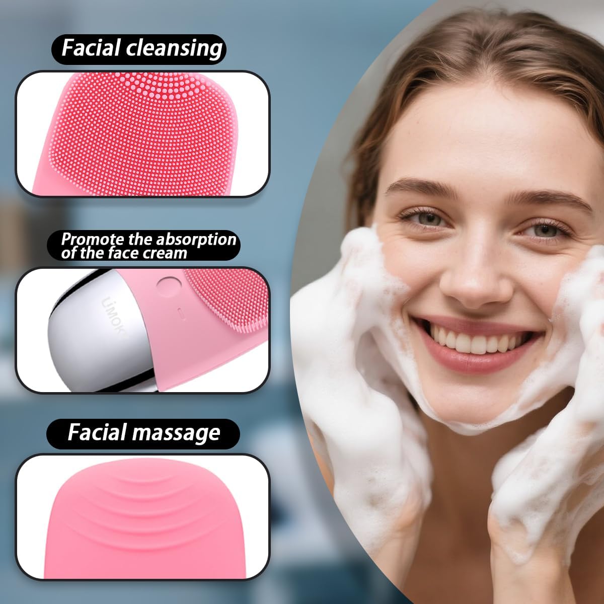 Facial Cleansing Brush, 3-in-1 Electric Silicone Face Scrubber, Vibrating Massager, IPX7 Waterproof, USB Rechargeble Pore Brush for Deep Cleanning, Blackhead Remover, Exfoliating (Pink) - Image 3