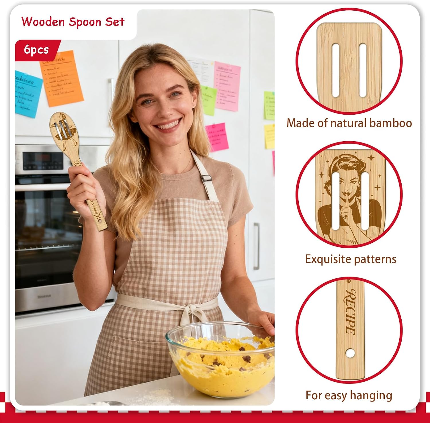 GLOBLELAND Vintage Woman Kitchen Gifts for Women 6 Pcs Wooden Spoons Forks Utensil Set with Polyester Apron and 4 Pcs Kitchen Towels Warm Housewarming Gifts for Mom Lover