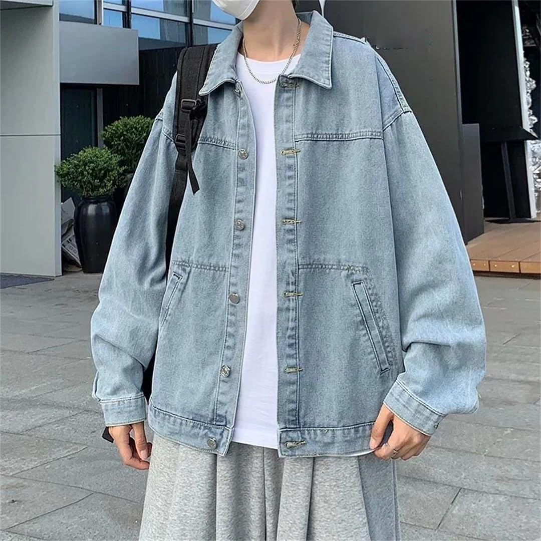 Men's Single Breasted Blue Denim Jacket Retro Loose Fit Outerwear Long Sleeve Coat For Casual Occasions