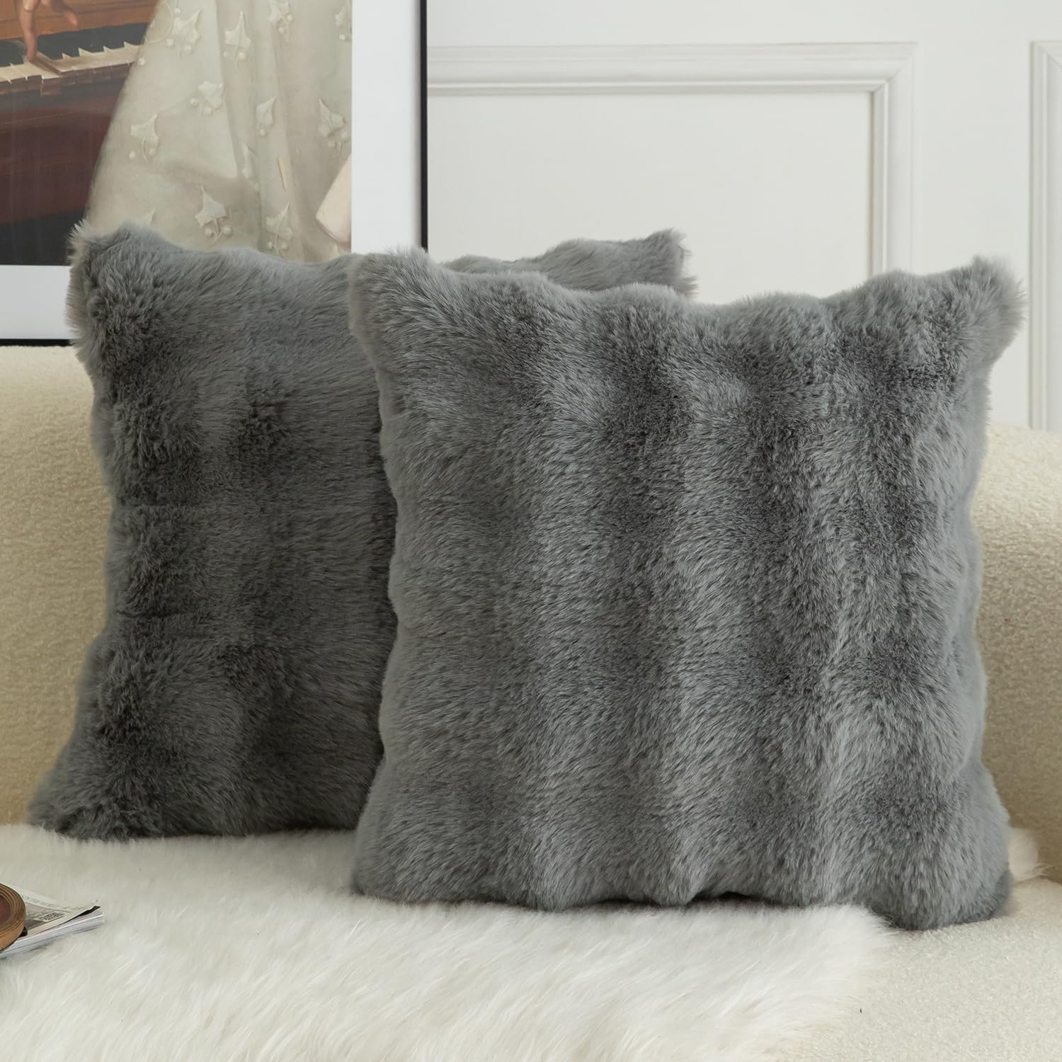 Mandioo Pack of 2 Cushion Covers 65cm x 65cm Decorative Thick Plush Wool Throw Pillow Covers cases for Sofa Bedroom Living Home 26 x 26 Inch Gray