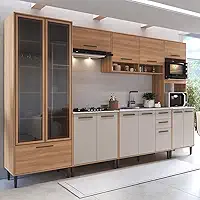 Cozinha Modulada Completa 6 Peças com Cristaleira 12 Portas 3 Gavetas Jade Freijo/Arenas