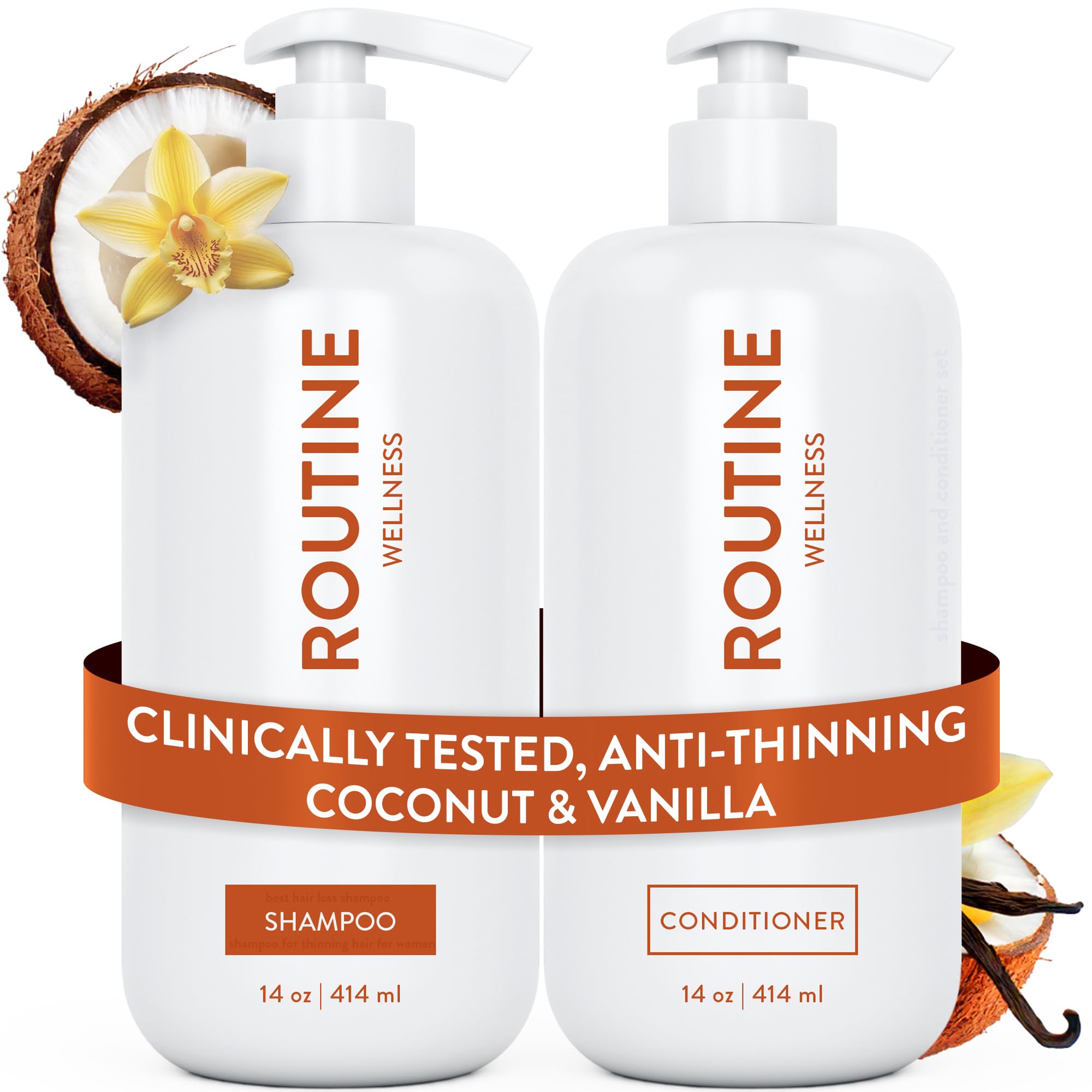 Routine Wellness Anti-Thinning Shampoo and Conditioner Set for Thinning Hair - Biotin DHT Blocker Women & Men - Color Safe Shampoo for Hair Loss & Healthier Growth - Coconut & Vanilla (Pack of 2)