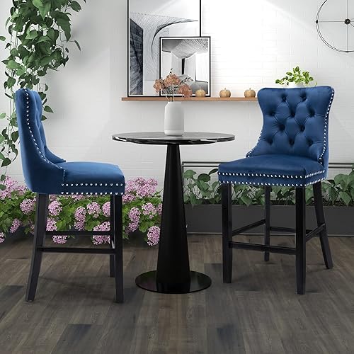 Miniatura 6 de SoarFlash Moderno juego de 2 taburetes de bar tapizados de terciopelo con patas de madera con botones cabeza de clavo cromada asiento de