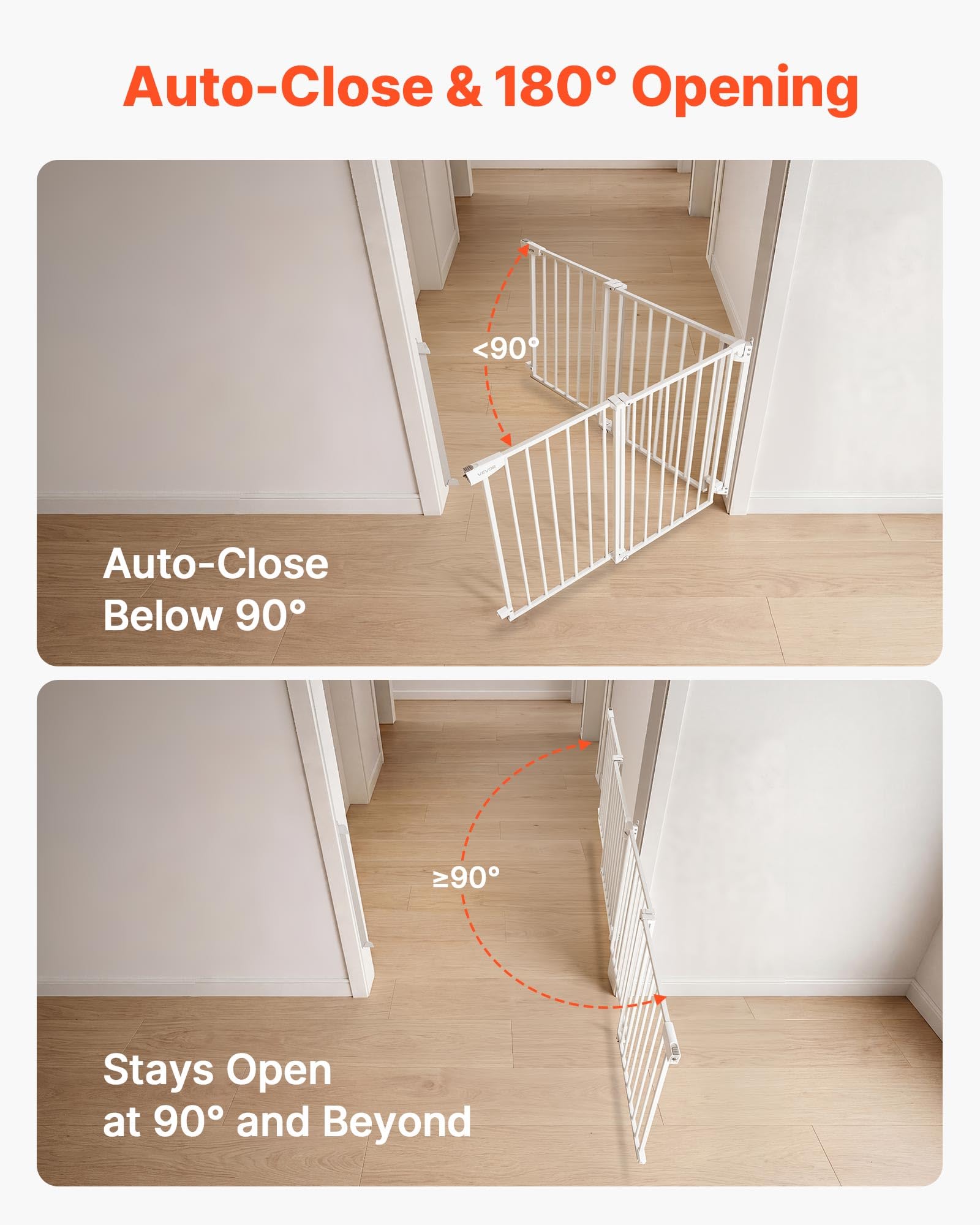 VEVOR Barrera de Seguridad para Niños, 920 mm x 720-1085 mm, Valla de Seguridad Infantil para Gatos y Perros, con Doble Bloqueo Cierre Automático, Apertura de Una Mano, para Escaleras Hogar, Blanco