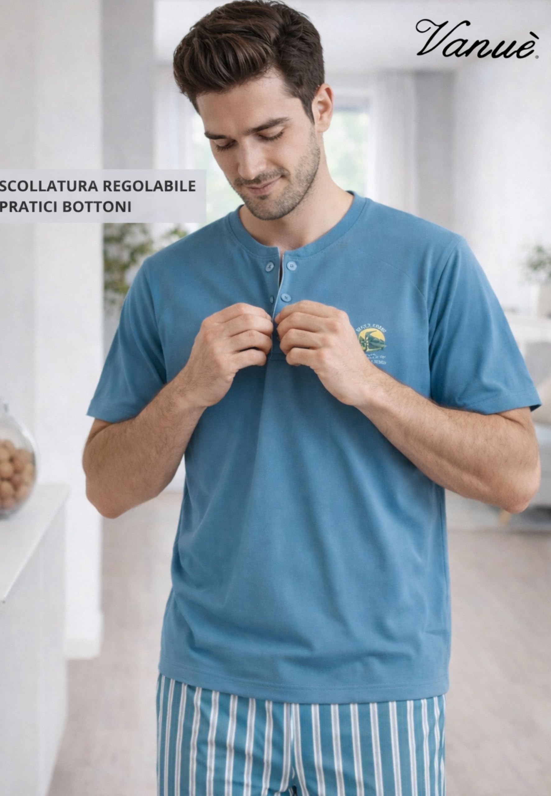 Intimitaly Vanuè - Pigiama Corto Uomo Estivo, Cotone Leggero, Maglia e Pantalone, Comfort-Fit, Traspirante - 4