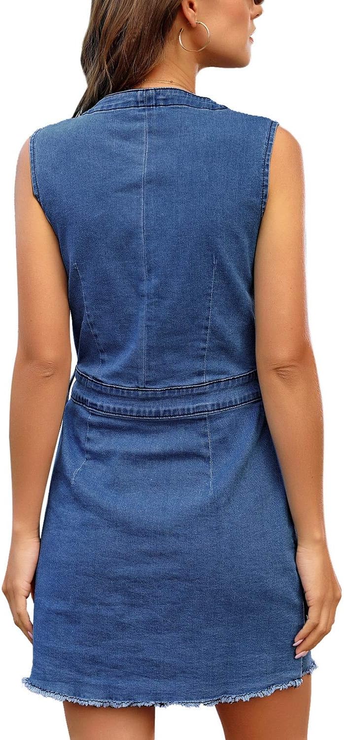 LookbookStore Women Sleeveless V Neck Button Down Frayed Hem Short Denim Dress - Image 2