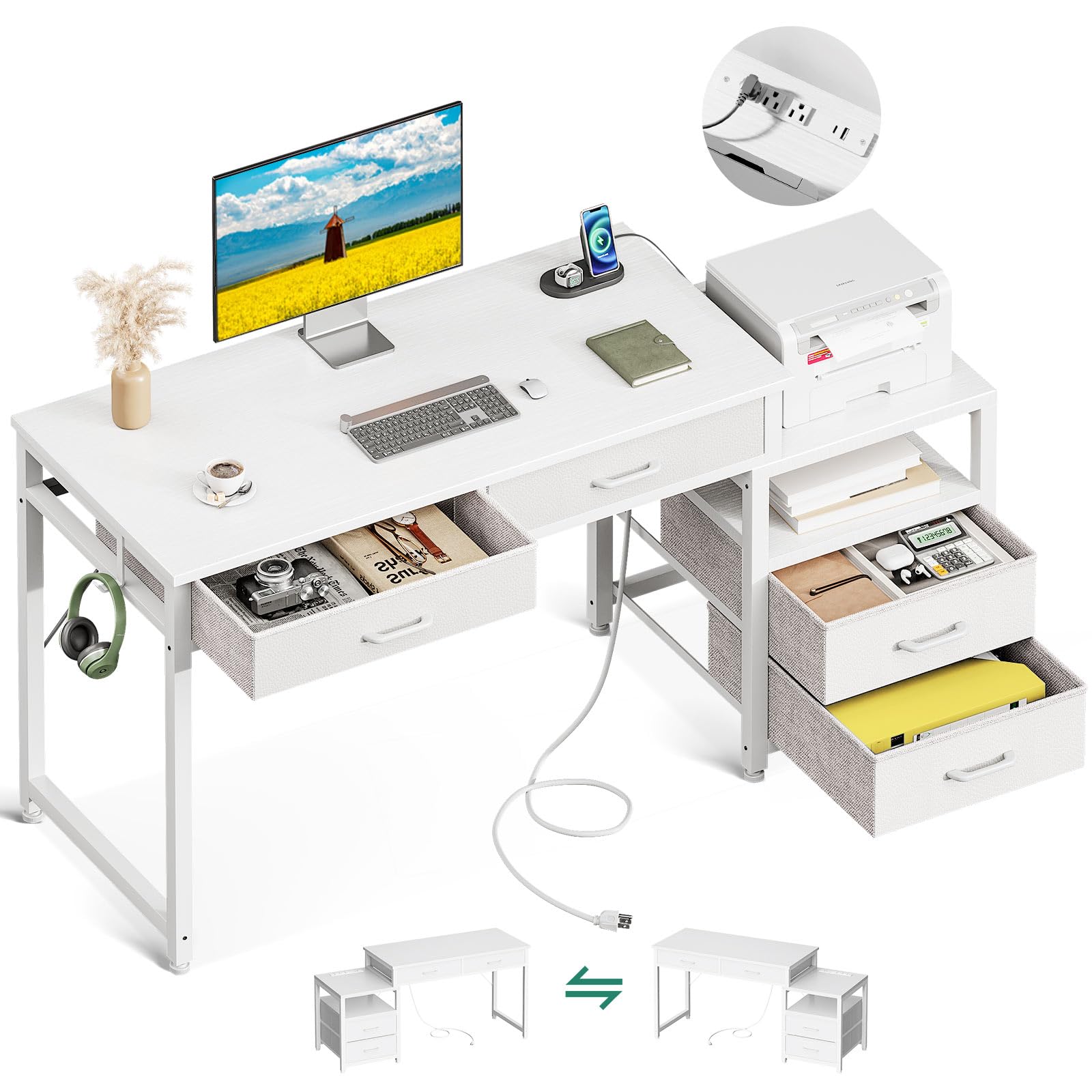 AODK Computer Desk with 4 Drawers and USB Power Outlets, Reversible Home Office Desk with Printer Stand, Small Desk with Storage Shelf, Study Writing Work Table for Bedroom, Vanity Desk, White, 53"