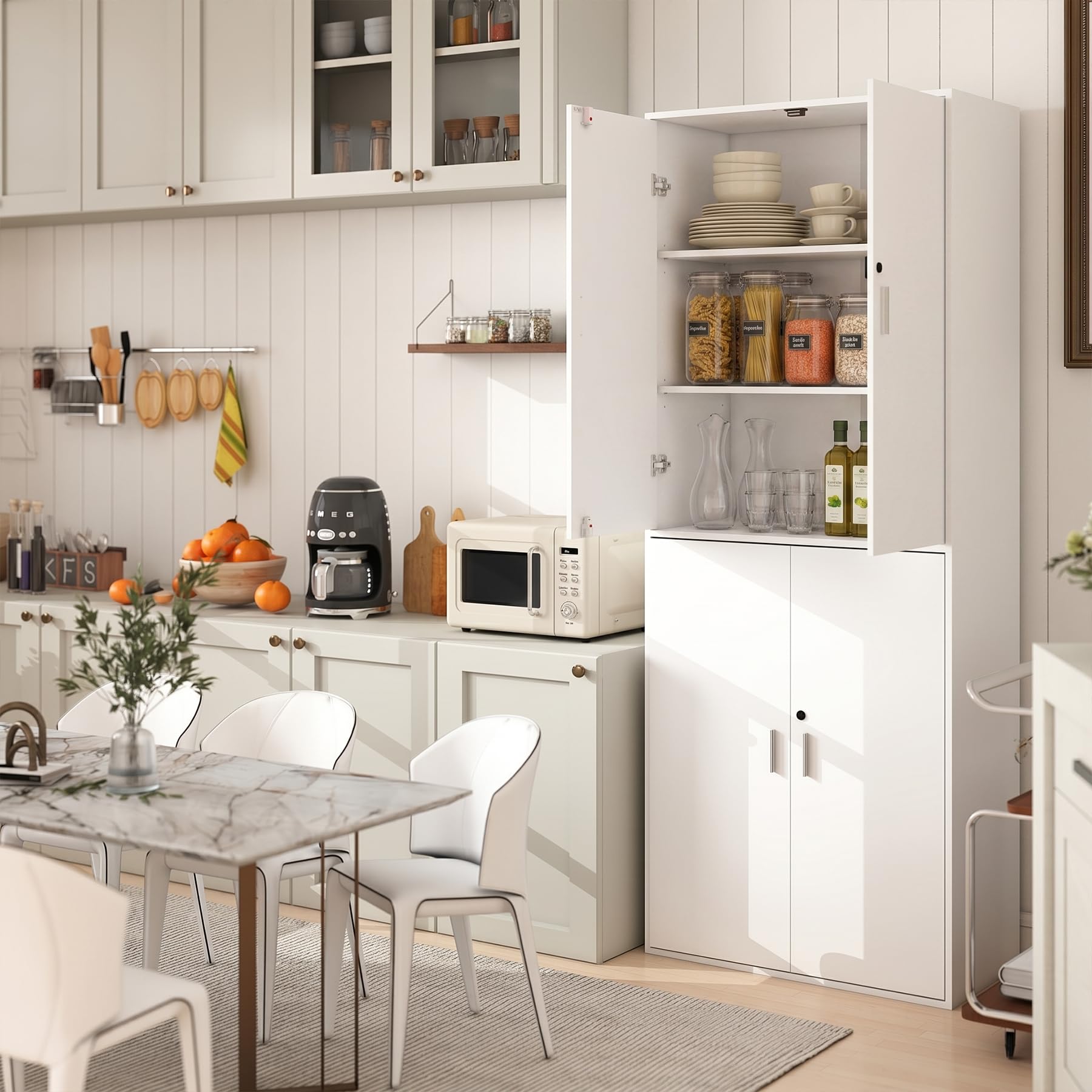 1 Pezzo Mobiletto in Legno con Serratura 4 Ante e 6 Ripiani, Armadio Ufficio Salvaspazio Ideale per Riporre Attrezzi/Alto/Perfetto Ufficio/Camera da Letto/Soggiorno/Bagno/Garage/Bianco/78x40x200CM