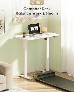 OffiGo Standing Desk, Small Height Adjustable Desk with 3 Memory Heights | 80cm Electric Sit Stand Table for Home Office Workstation, Compact Rising Computer Table for Small Spaces, White