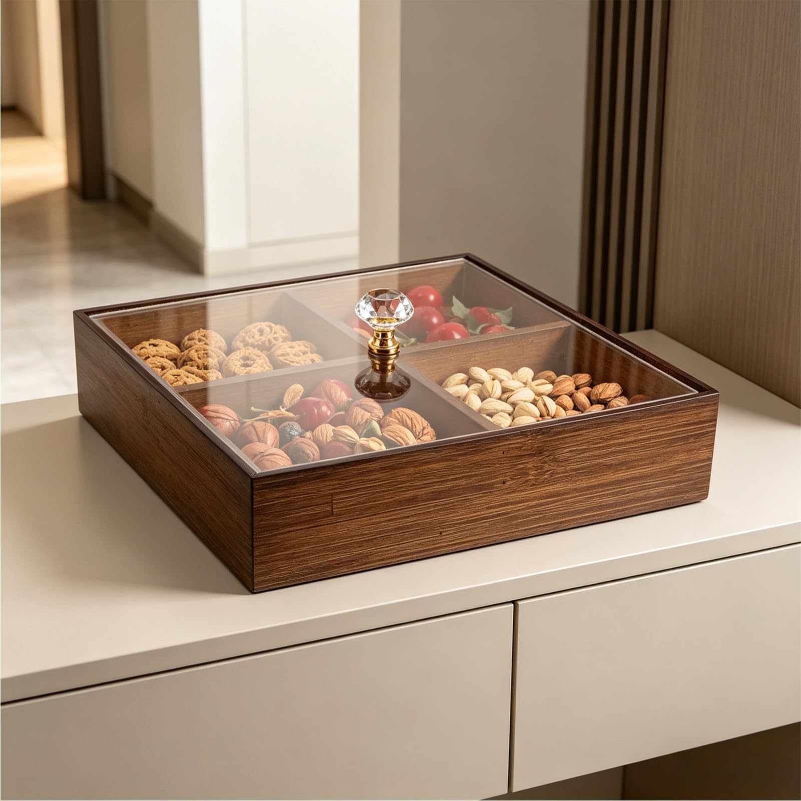 POPETPOP Bandeja de Bambú Dividida con Tapa Acrílica, 4 Compartimentos para Snacks Secos, Protección contra Polvo y Conservación del Sabor, Adecuado para Reuniones Familiares Reutilizable