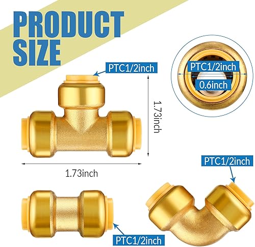 Miniatura 3 de 35 piezas de accesorios de plomería de latón a presión de 12 pulgada que incluyen 14 acoplamientos rectos, 14 conectores de fontanería de codo de 90