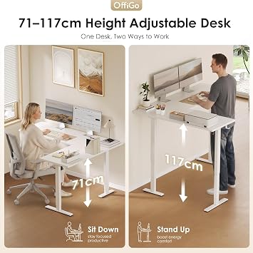 OffiGo Corner Desk, 160x120cm Electric Standing Desk with 3 Memory Smart Panels, Reversible L Shaped Rising Table, Height Adjustable Table for Home Office Workstation, White