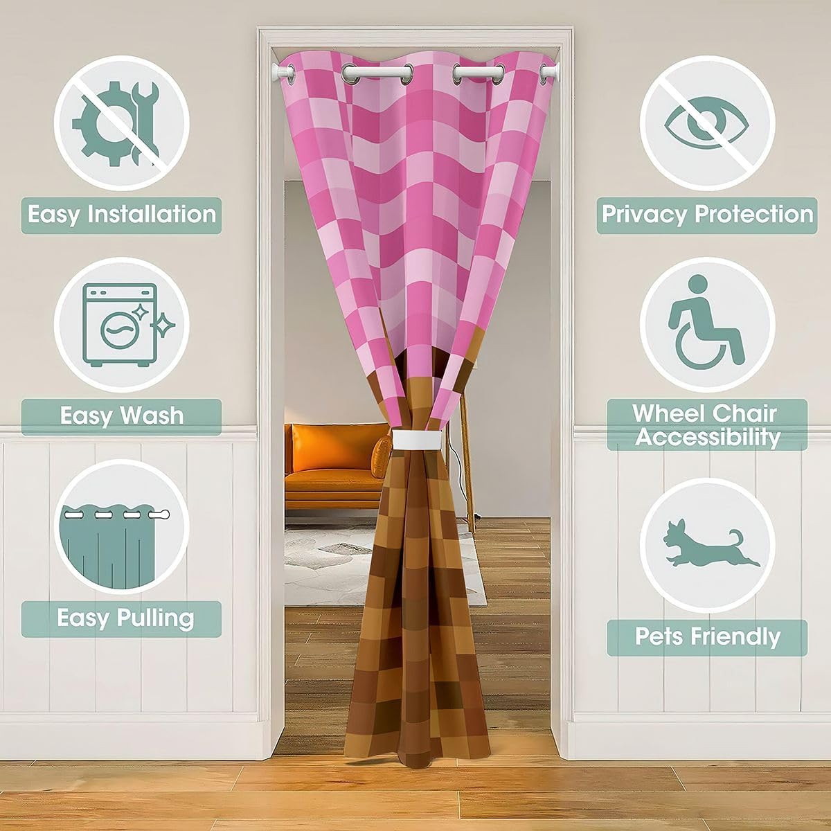 Manfei Pixelated Grid Doorway Curtain,Miners Building Door Curtain Bedroom Decor,Cartoon Gamepad Doorway Curtains,Brown Pink Blackout Door Drape 1 Panel 34" W X 80" L
