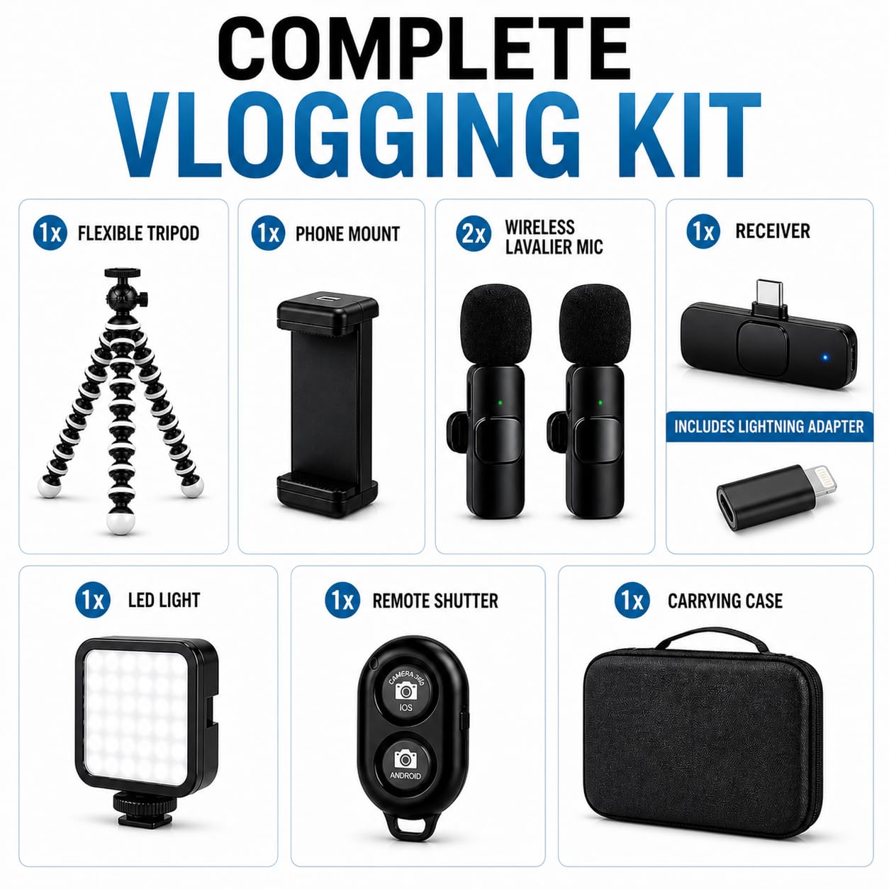 Acuvar Treppiede flessibile Vlogging Kit per iPhone, Android e GOPRO con luce LED, supporto per telefono, microfono, telecomando Bluetooth, custodia rigida per live streaming, videochiamate, Vlogging,
