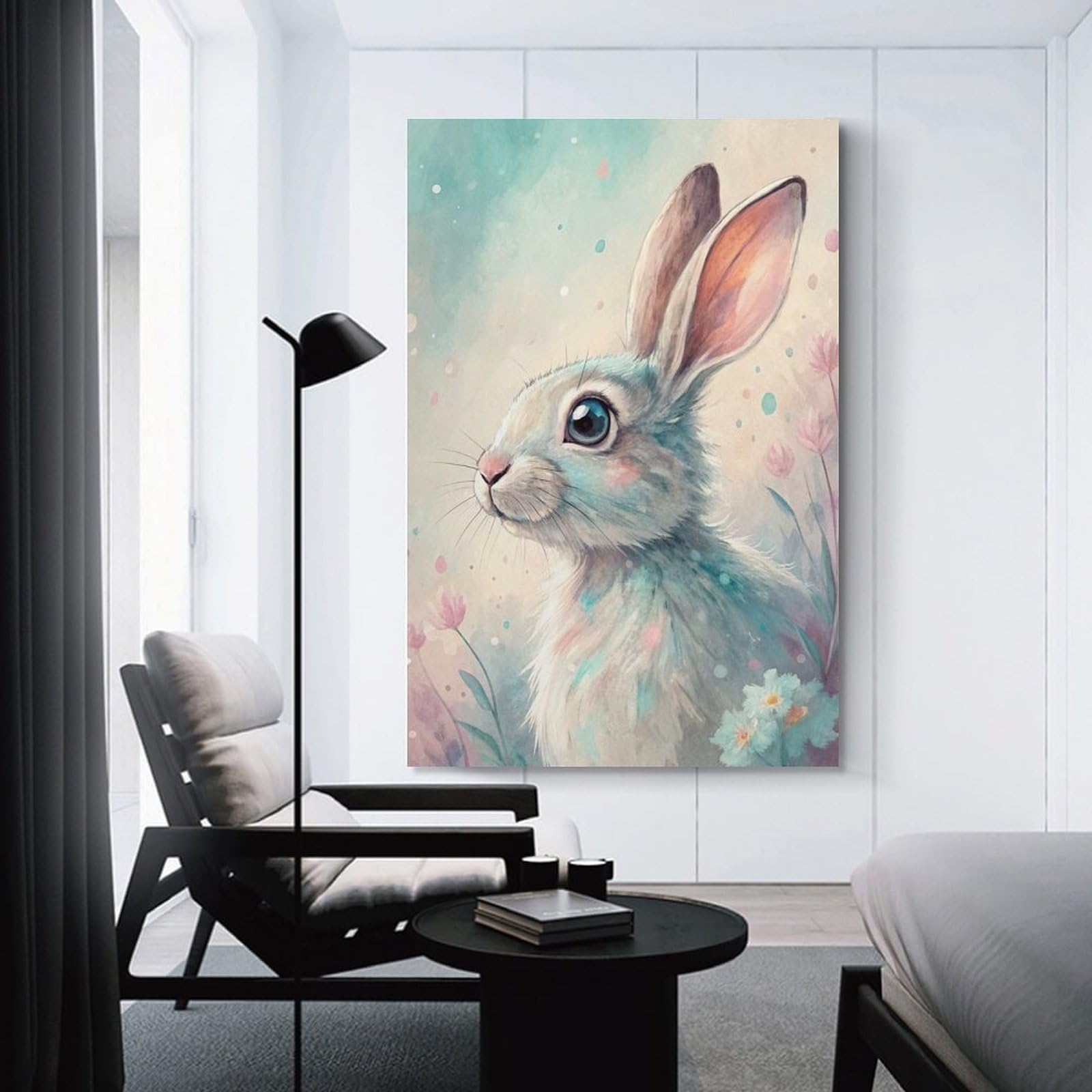 Junmoney Unframe-Style-4 Pastel Watercolor Bunny With Flowers Hanging Wall Art, 20X30inch(50X75cm), For Gallery Wall Decor And Room Displays, Home Wall Art For Statement Displays