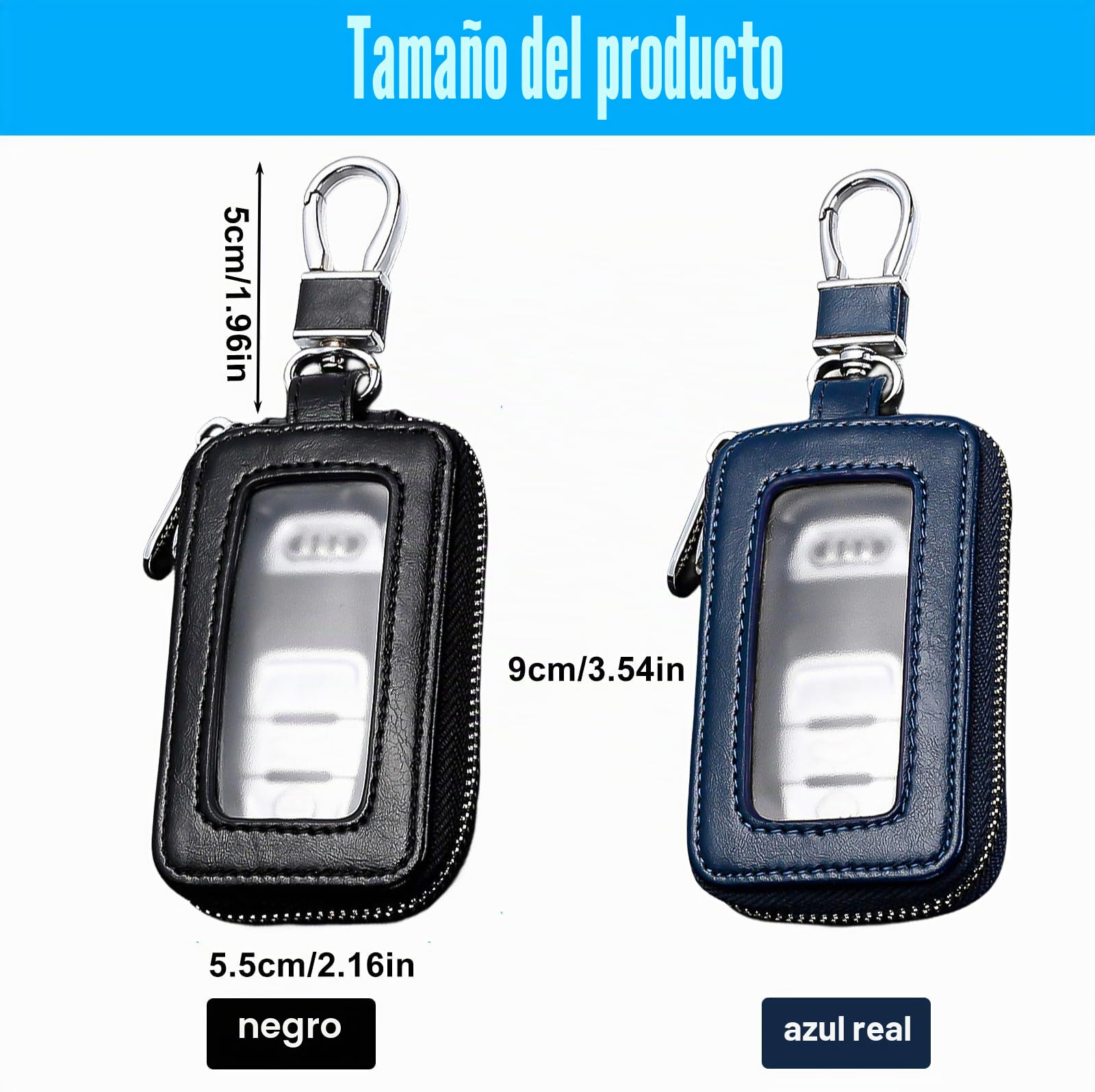HOMURY 2 llaveros de coche: estuche llavero vintage de piel con cremallera y mosquetón, protección llavero, bolsa llavero universal (negro, azul real)