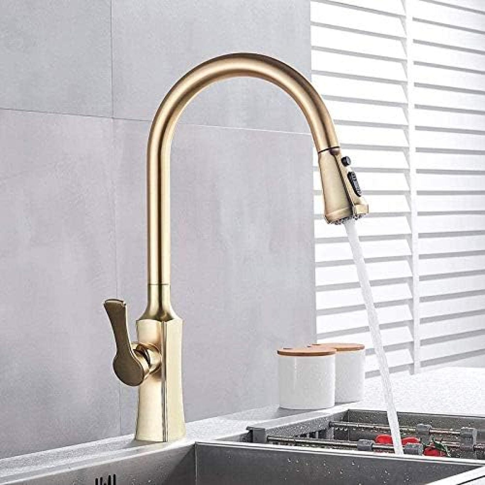 ZYCHSJXA Faucet Brushed Gold Kitchen Pull Out Sprayer Swivel Spout Mixer Tap Sink 360 Rotating Water Faucets