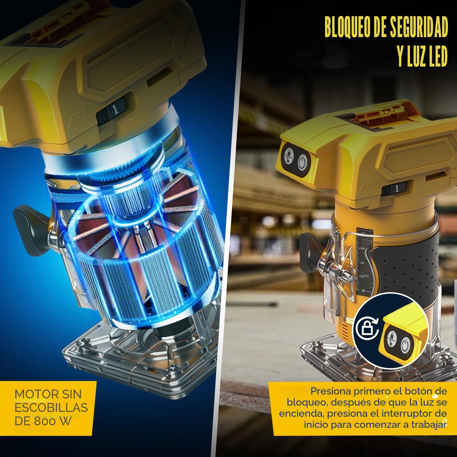 Fresadora Inalámbrica 5 Velocidades para Dewalt 20V (sin Batería) | 800W, Recortadora de Madera sin Escobillas, 10000–30000 rpm, Guía Recta, 15 Brocas, Router Manual