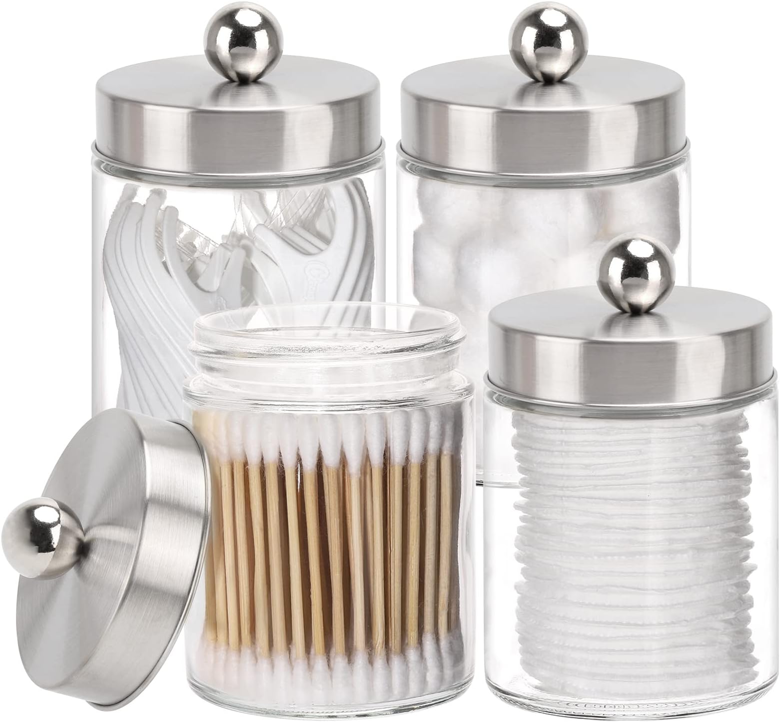 ALAZA 4 Pack Qtip Holder Dispenser Shiny Silver Cotton Ball