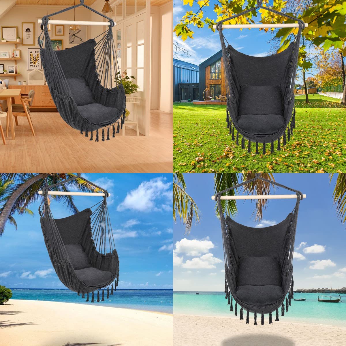 Hamacas, Hamaca UZOURI, con Cojines Acolchados y Barra de Madera, con Elegantes borlas para Patio, jardín, Exterior e Interior, Gris, 130 x 100 cm.