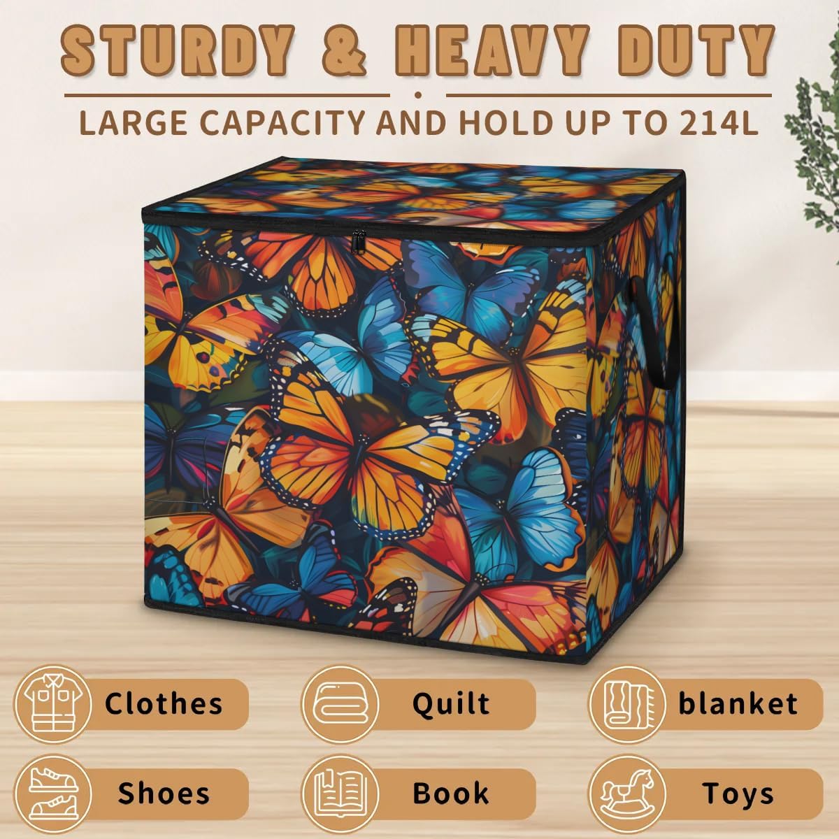 Honeybaby 214L Extra Large Comforter Storage Bag Rainbow Butterfly Storage Totes with Lids Waterproof Closet Organizer Folding Blanket Storage Bags for Clothes Bedding Pillows