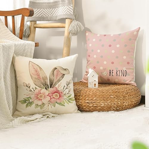 Miniatura 4 de AVOIN colorlife Juego de 4 fundas de almohada de búfalo de Pascua con diseño de flor de conejo de Pascua, 18 x 18 pulgadas, diseño de pájaro con