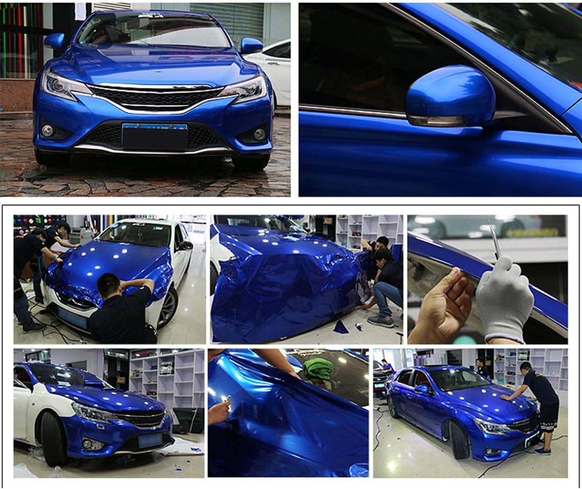 Bubble Free Car Vinyl Wrap, Self-Adhesive Car Sticker Roll, High Gloss Imitation Metallic Look Solid Color, Blue, 50x152cm