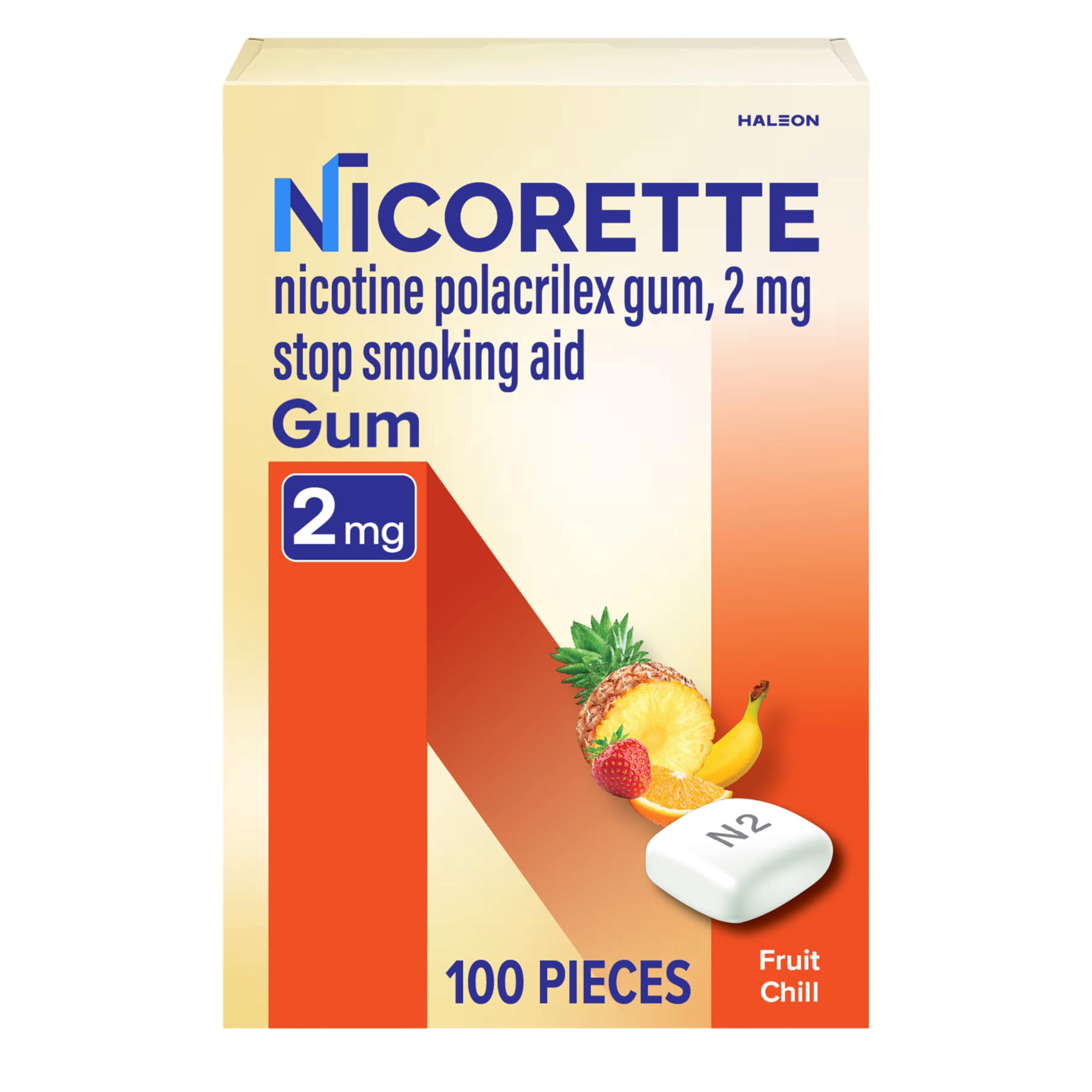 Nicorette 2 mg Nicotine Gum to Quit Smoking - Fruit Chill Flavored Stop Smoking Aid, 100 Count 2mg Fruit Chili 100 Count (Pack of 1)
