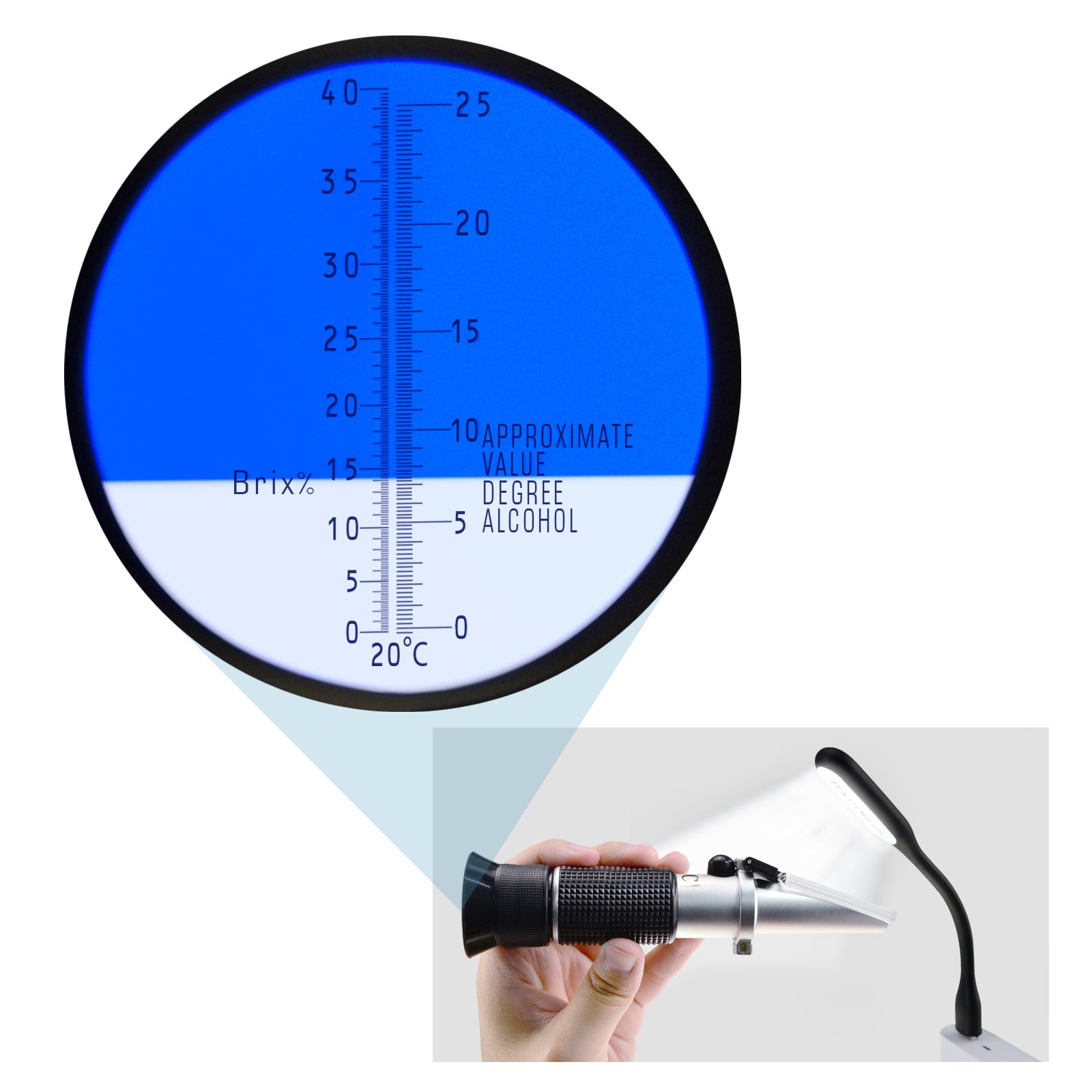 Ottica di uva da vino Rifrattometro con ATC, Doppia scala 0-25% vol e Alcol e 0-40% Brix, per fare il vino, birra a casa, Enologo, con luce LED e pipette