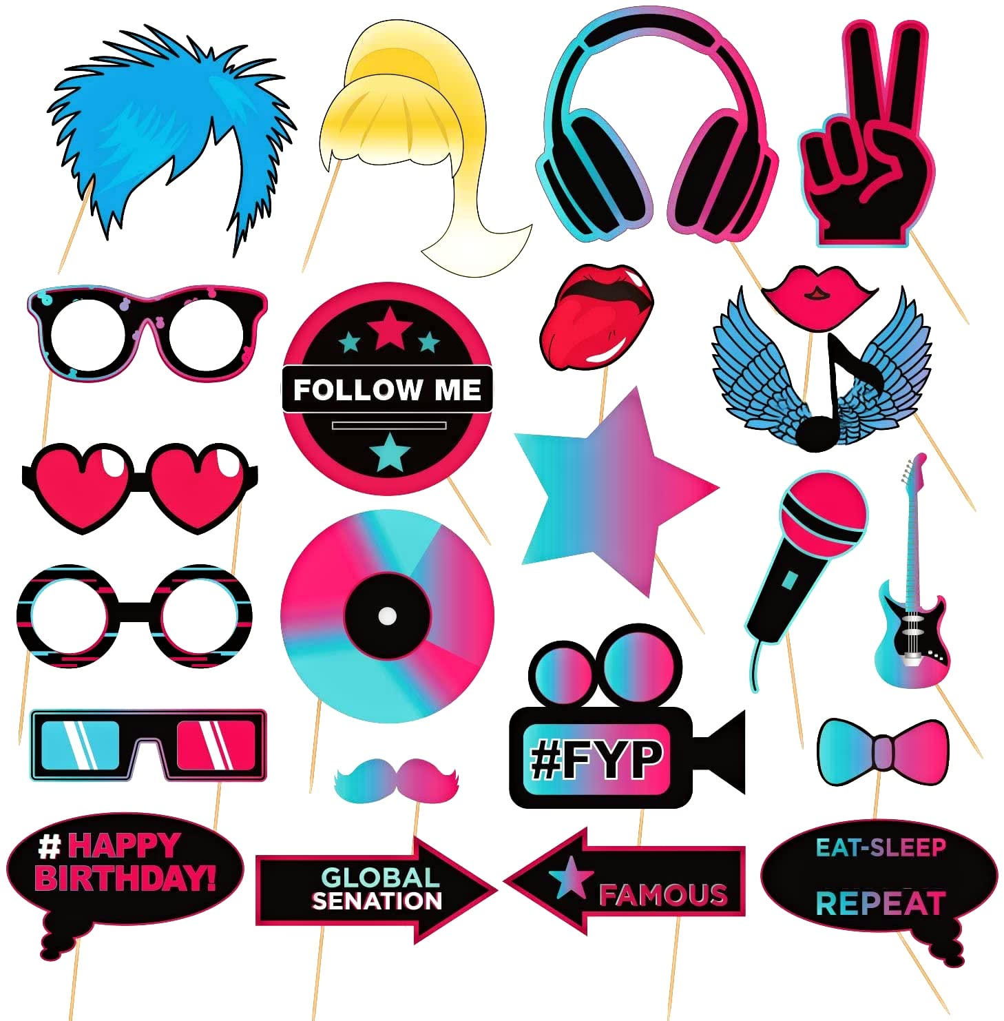 Dbooker 23Pcs Disco Music Photo Booth Props,Tik Music Theme Party Supplies,Disco Music Party Decor.