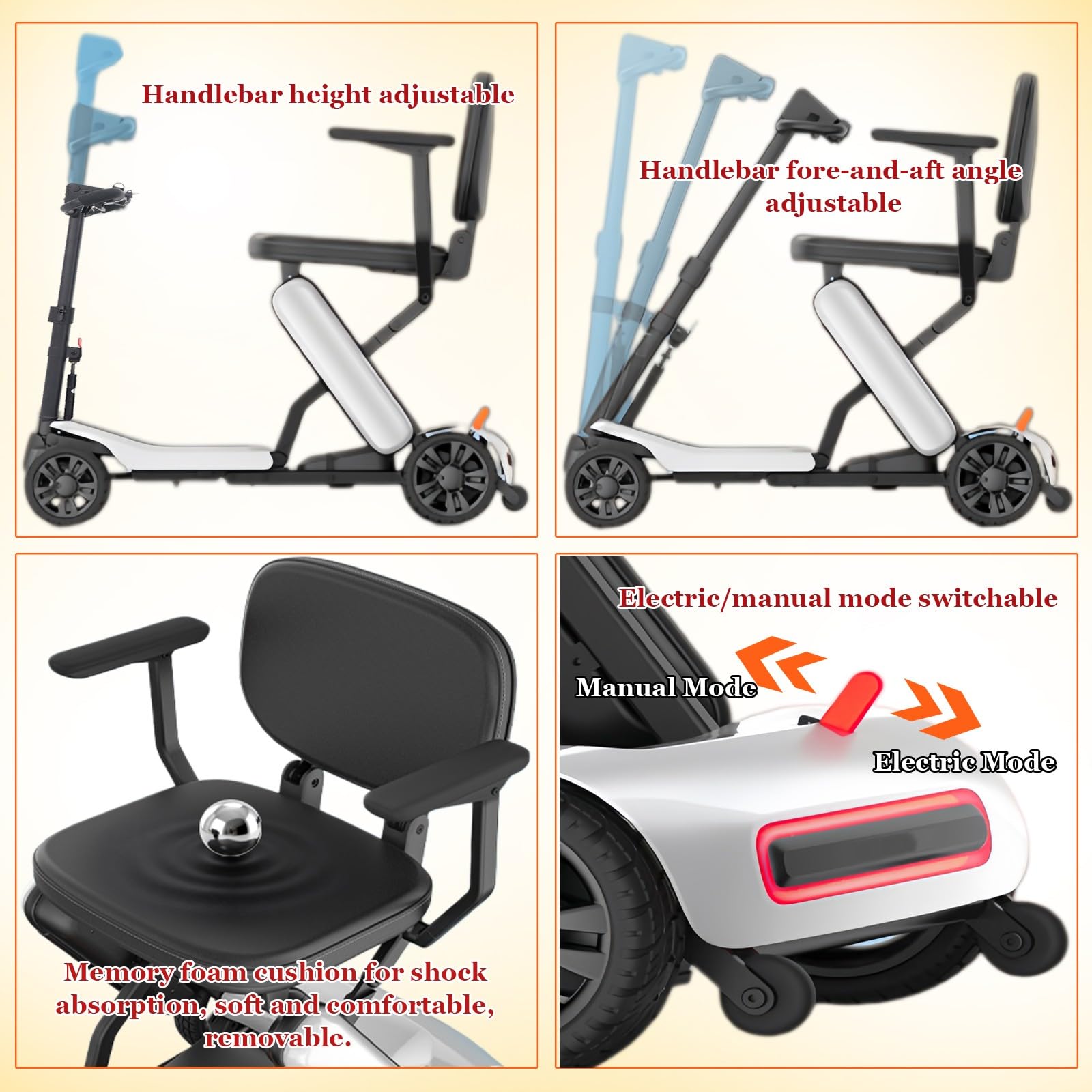 Scooters pour Seniors,Modèle Scooter De Mobilité Portable,Scooter De Mobilité Électrique Pliable,avec Deux Batteries Au Lithium De 6 Ah,avec Absorption des Chocs Red