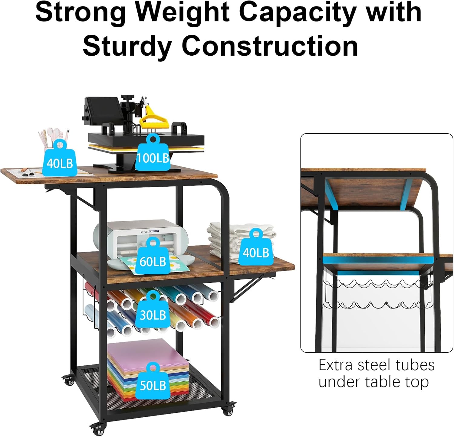 PUNCIA Movable Heat Press Table with Vinyl Roll Holder Stand for Heat Press with Folding Shelf DIY Sublimation Machine Workbench with Storage Rolling Craft Table Heat Transfer Cart with Wheels
