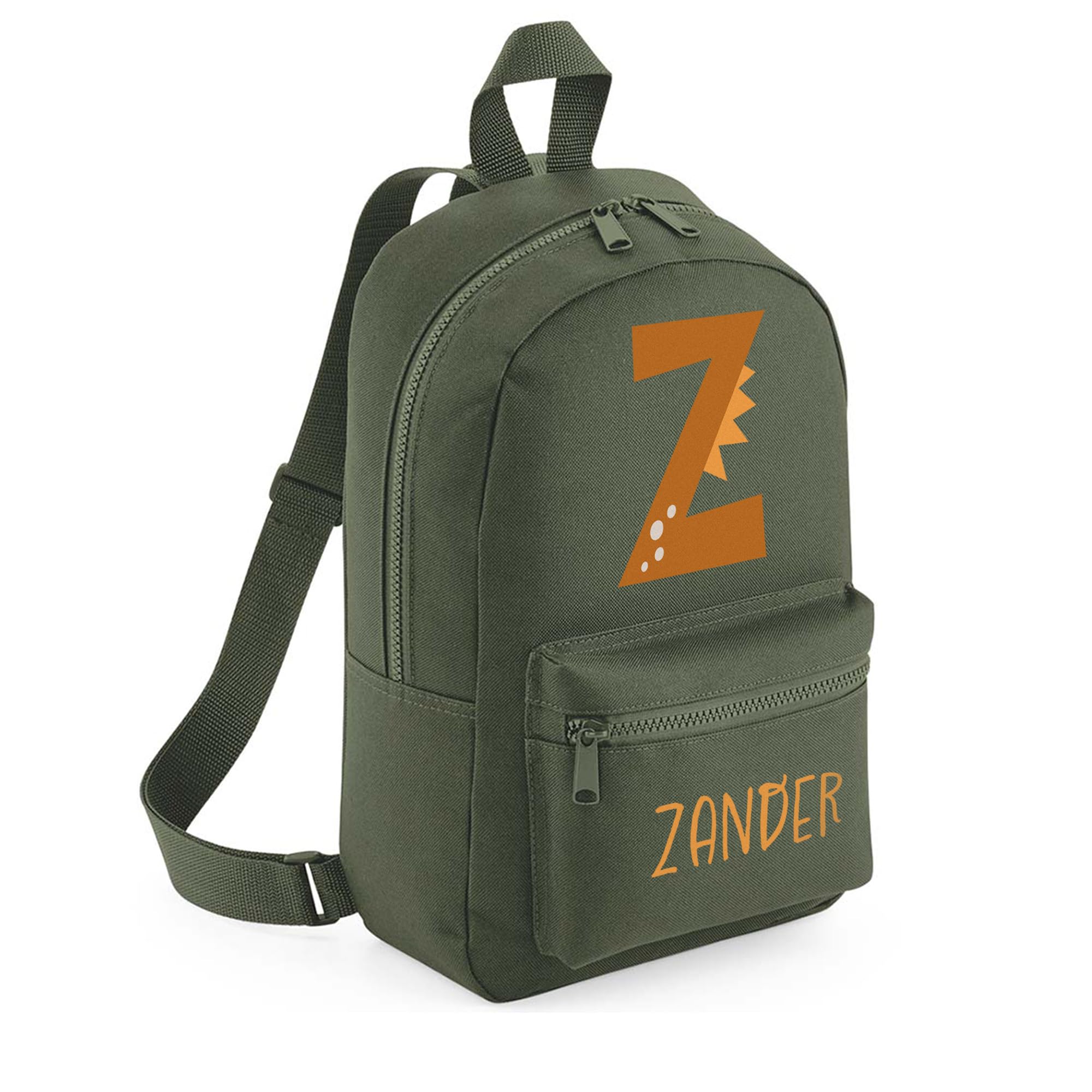 A1 Graphics Ltd Olive Green Personalised Dinosaur Kids Backpack Custom With Name Choice Of Colours Dino Alphabet School Bag With Adjustable Straps For Children & Toddlers (Olive Green)