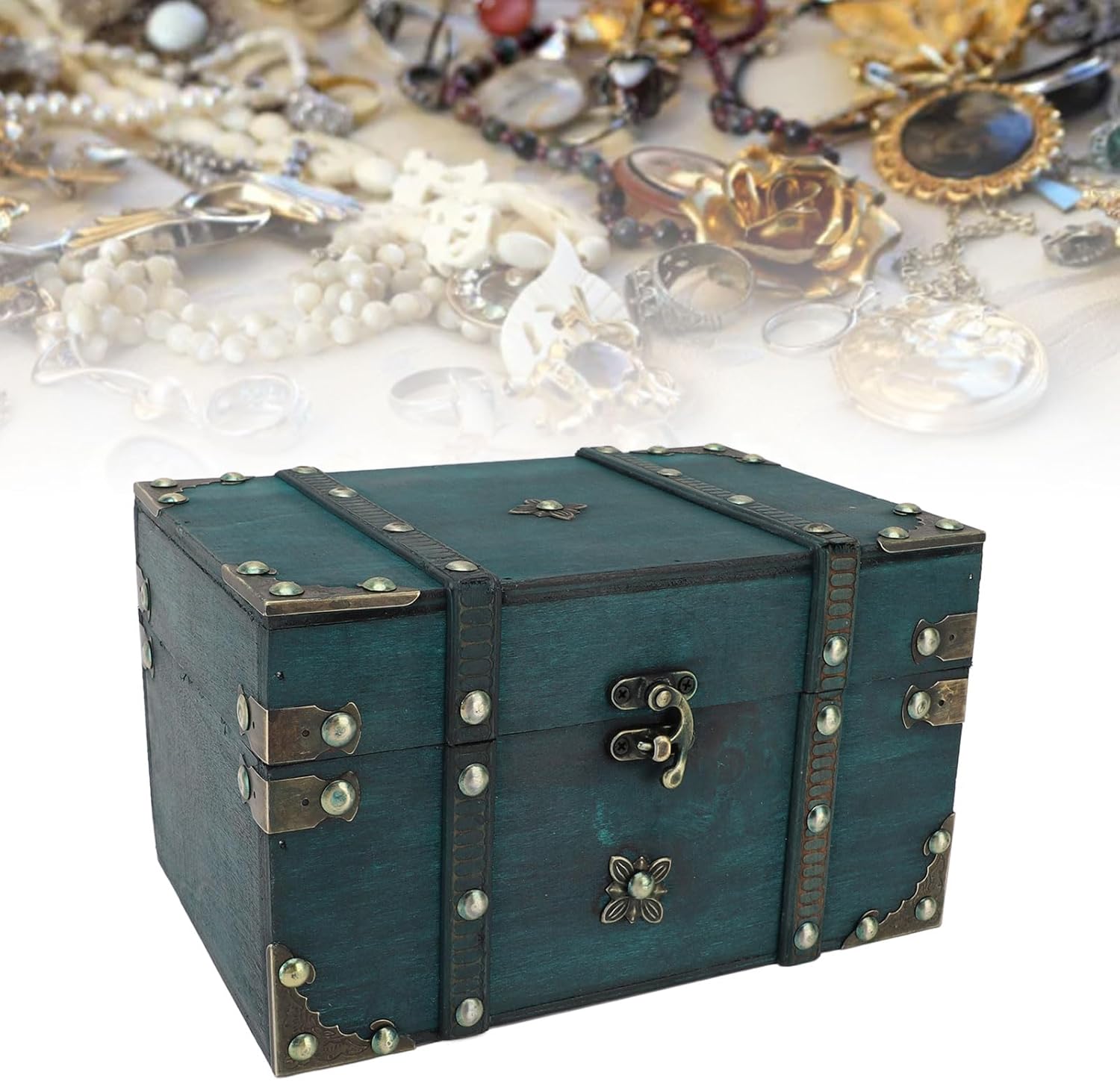 Vintage Treasure Chest Box with Lock, Retro Wooden Jewelry Storage Box, Metal Parts, for Party Stage Props Home Bedroom Decor