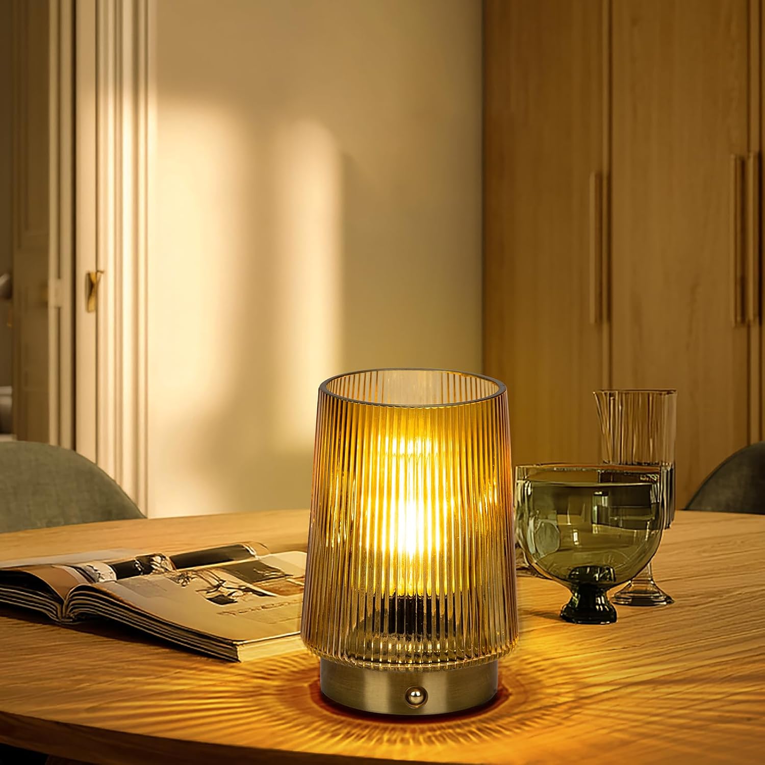 MJ PREMIER Cordless Lamps Rechargeable Glass Table Lamp Portable Dimmable Brightness Touch Battery Operated Lamp Cordless Beside Touch Lamp for Bedroom Kitchen Dining Bathroom Rechargeable Yellow