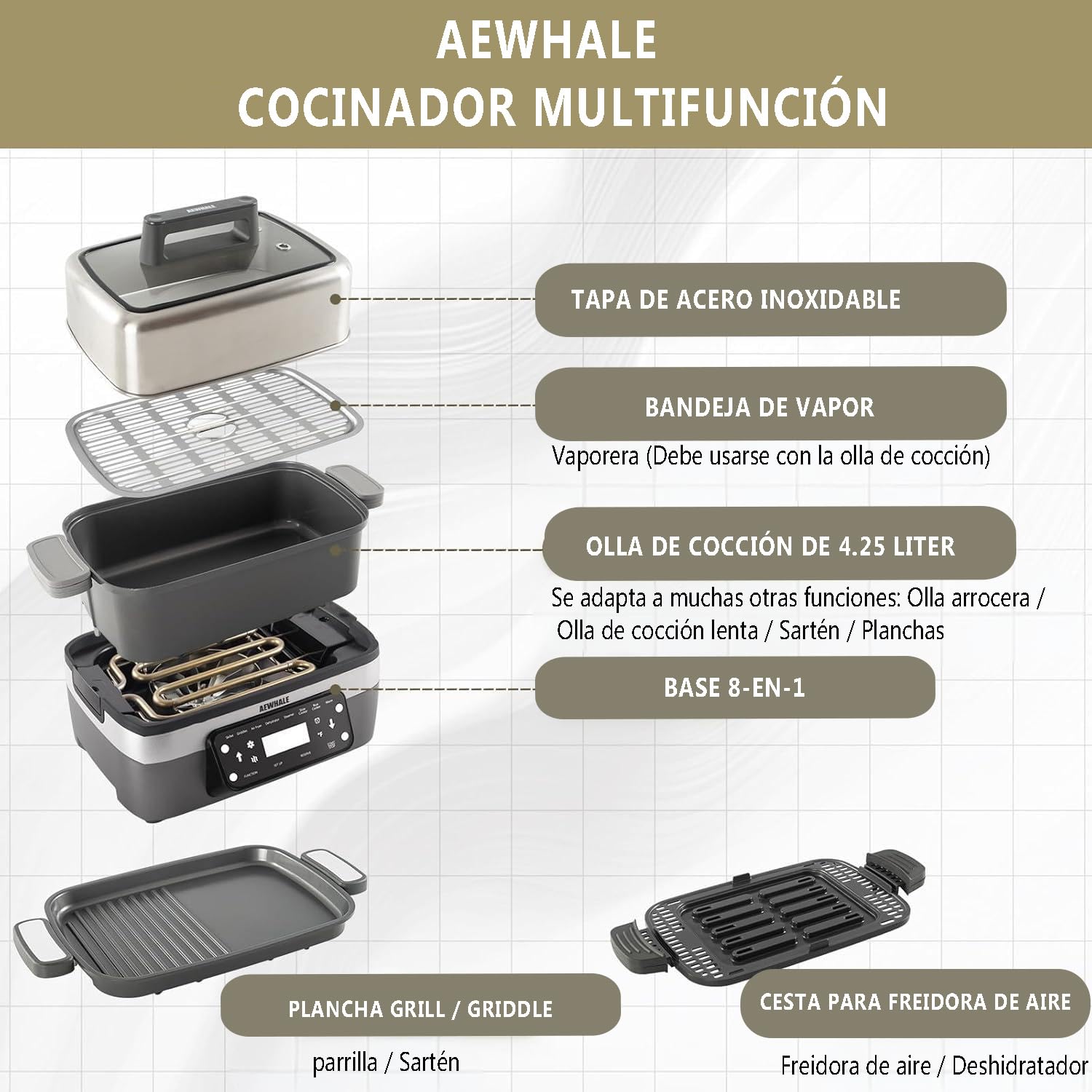 AEWHALE Olla Multifunción 8 en 1 de 4.25 L, Con Función de Cocción Lenta, Vaporera, Arrocera, Sartén y Función para Mantener el Calor. Capacidad Familiar, Color Gris