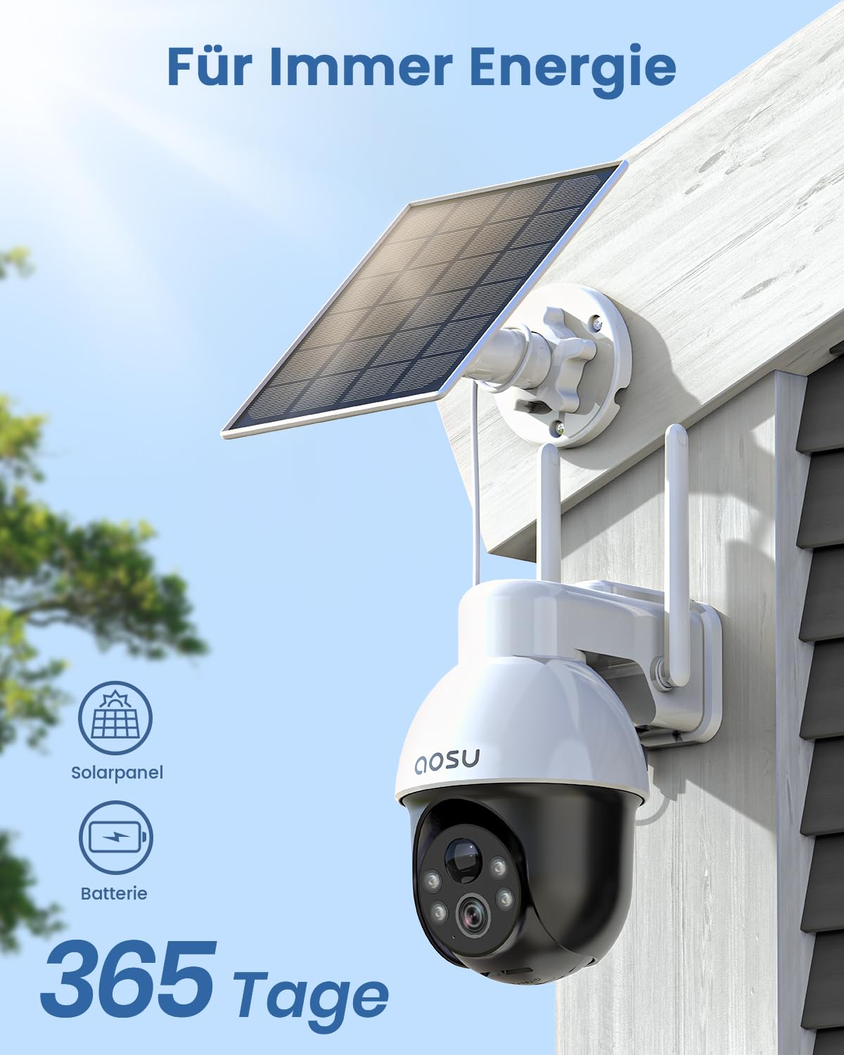 aosu 3K Überwachungskamera Aussen Akku Solar, 5MP Kabellose WLAN-Überwachungskamera für den Außenbereich zur Haussicherheit, 360° Panoramisches PTZ, Automatische Verfolgung, Nachtsicht, 2 STK