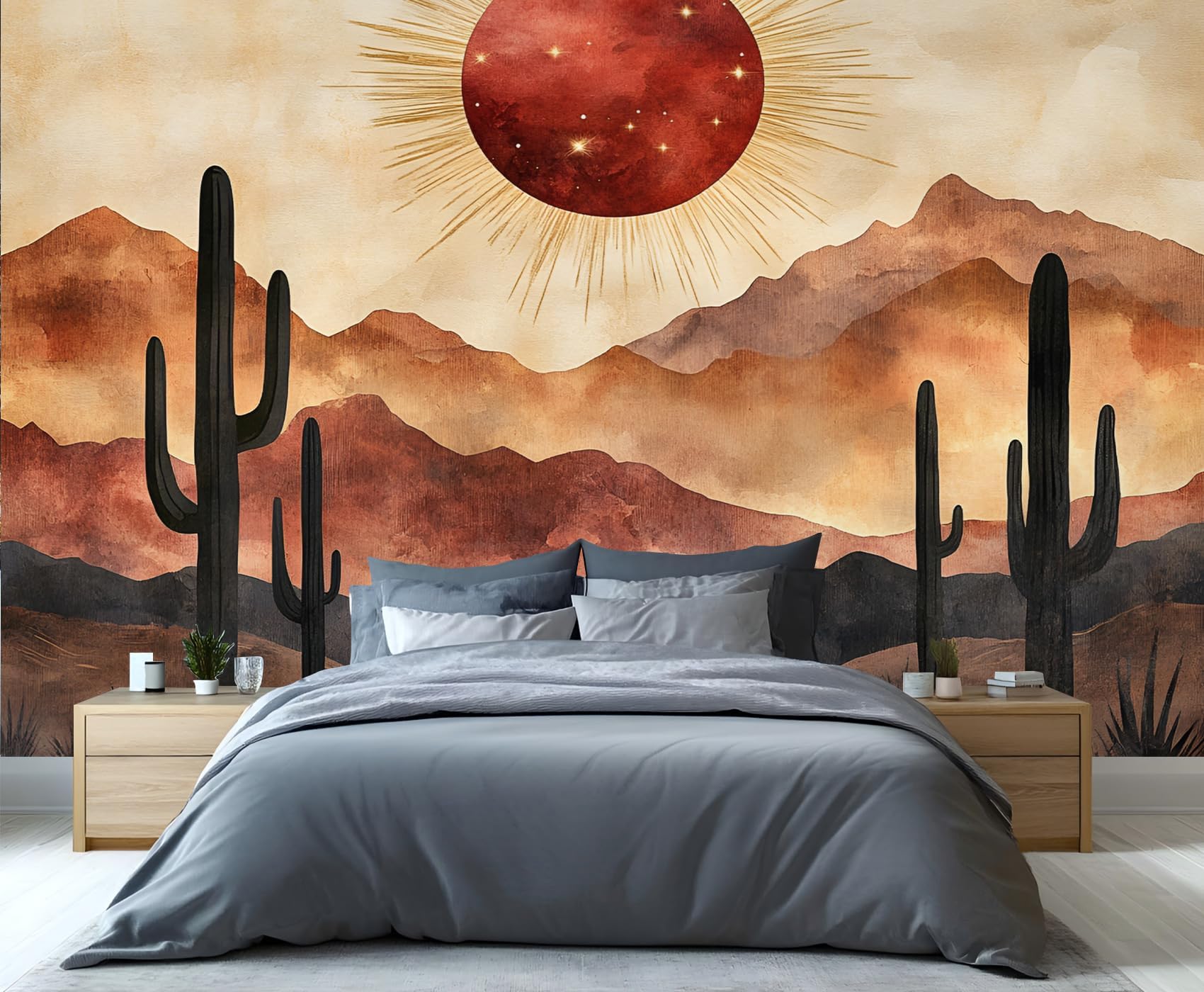 Desert Sunset Mountain Wall Mural, Boho Cactus Landscape 3D Wall Murals, Landscape Photo Wallpaper Mural, for Living Room Bedroom Large Wallpaper Indoor Decor 59" W x39.4 H