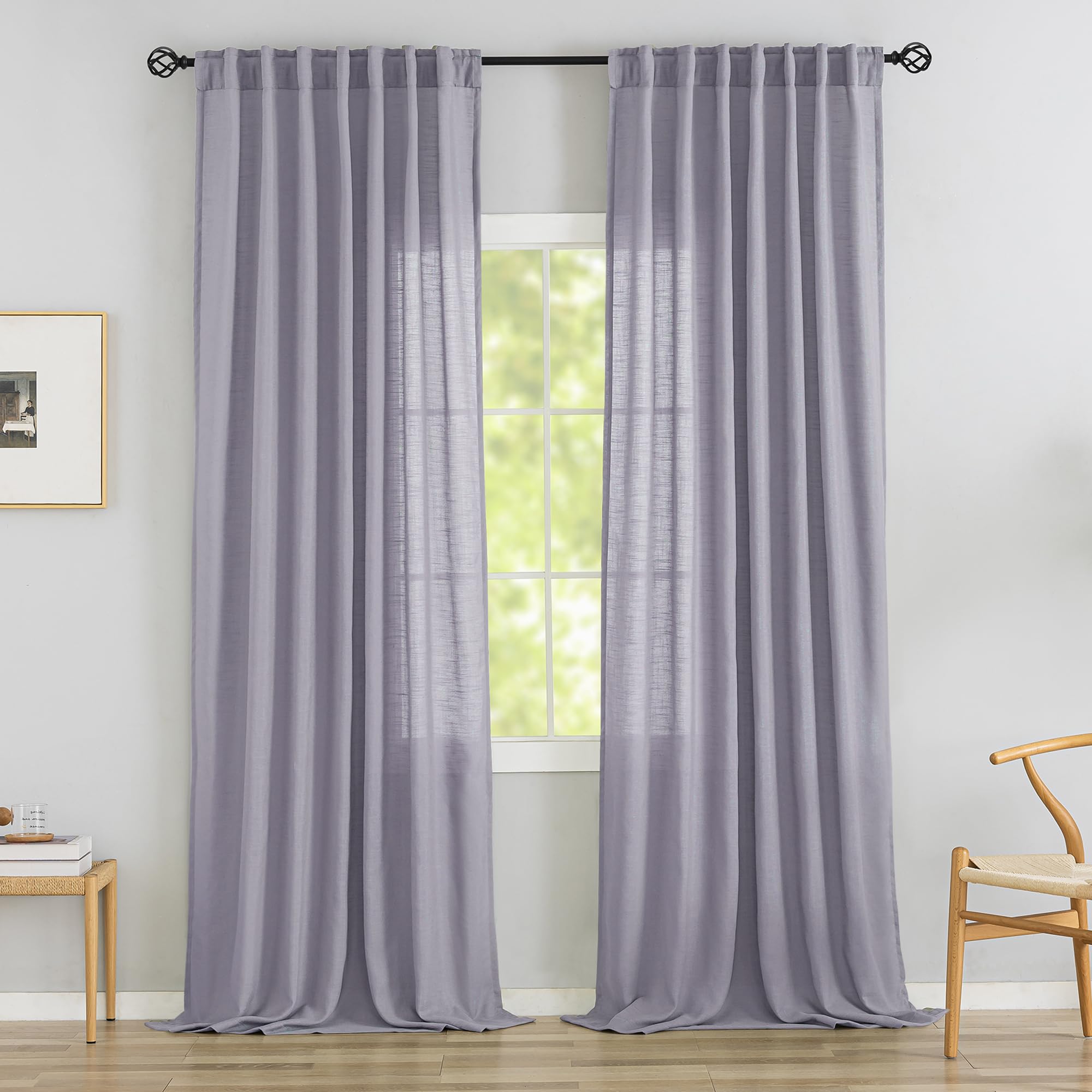 Light Purple Linen Back Tab Curtains 102 Inches Long 2 Panels Set for High Windows - Rustic Hooks Belt Pinch Pleated Look Easy Sliding Curtains Pocket