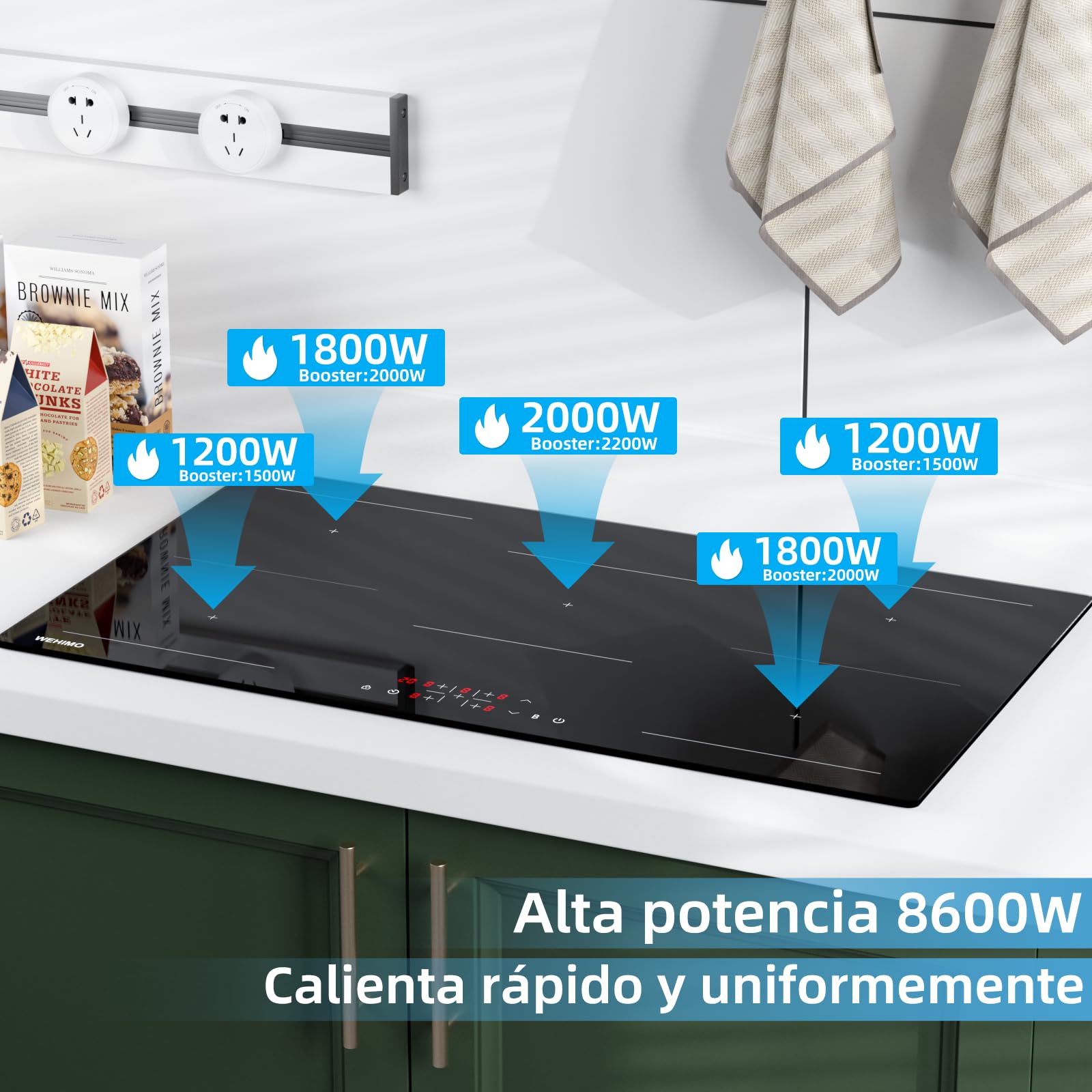 Placa Induccion 5 Fuegos, Control táctil, 9 niveles de Potencia，Temporizador, Protección térmica, Bloqueo para niños, Función de refuerzo