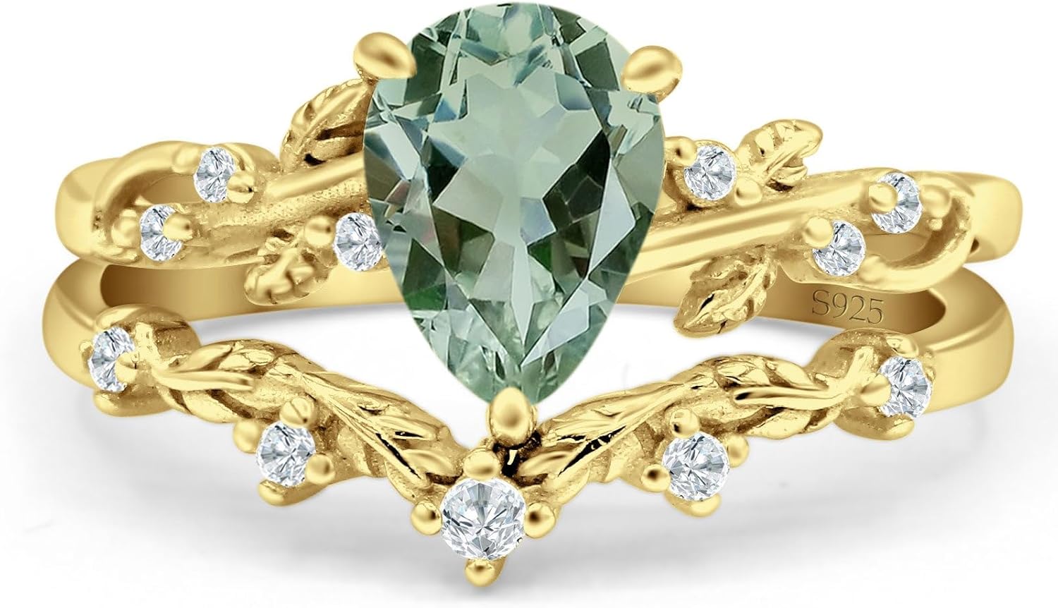 OMRANII Two Piece Art Deco Pear Teardrop Natural Green Amethyst Prasiolite Curved Contour Band Chevron Ring Leaf Style Wedding Set Engagement Rings 925 Sterling Silver