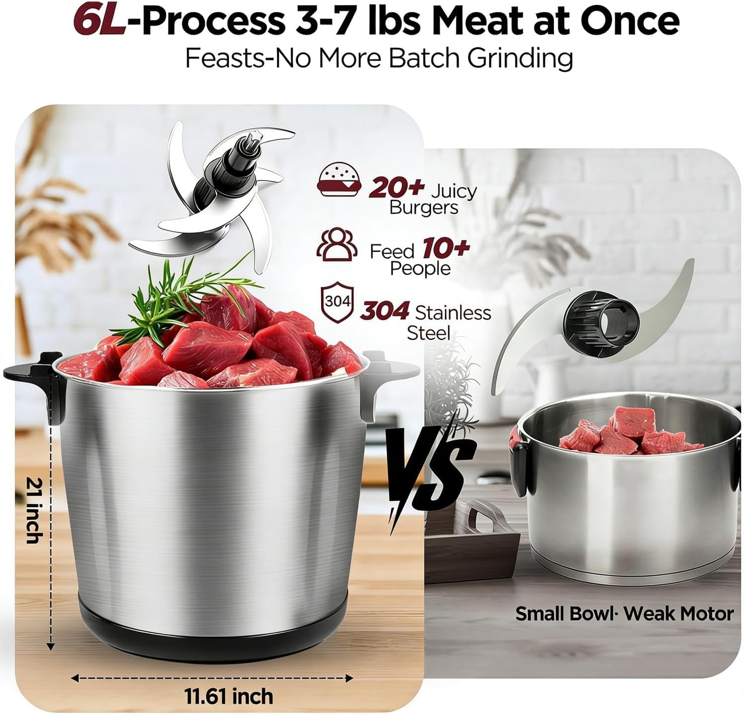 Electric Large Food Processor,1200W Meat Grinder Stainless Steel for Home, Heavy-Duty Meat Blender Mincer with 2 Speed& 6 Blades,6L Electric Food Grinder Chopper for Meat,Game,Vegetables & Meal Prep