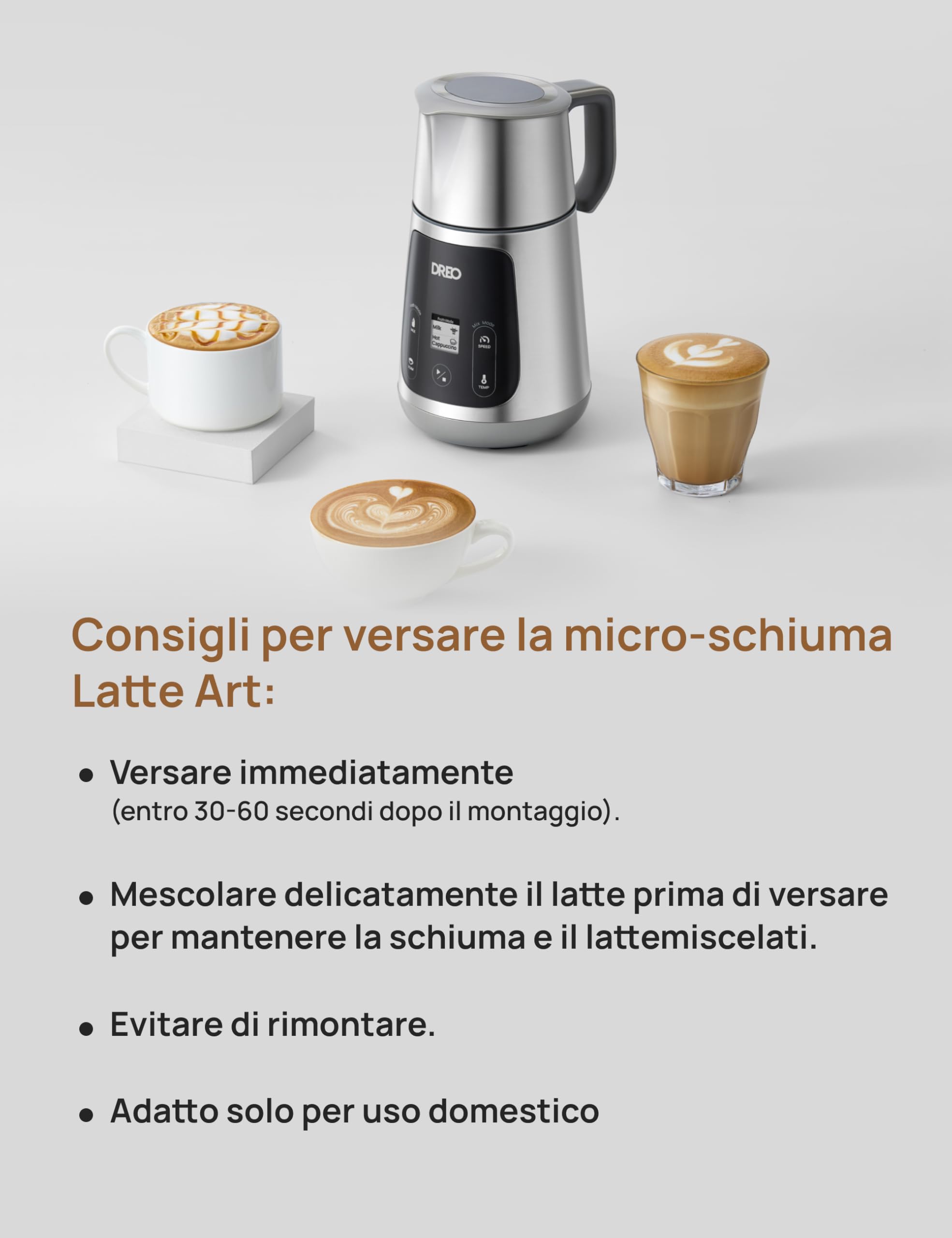 DREO Montalatte Elettrico [Aggiornato], Frullino Montalatte All-in-1 da 450ml per Latte, Cappuccino, Cioccolata Calda, Oltre 30 Bevande, Facile da Pulire, Lavabile in Lavastoviglie, Display LED
