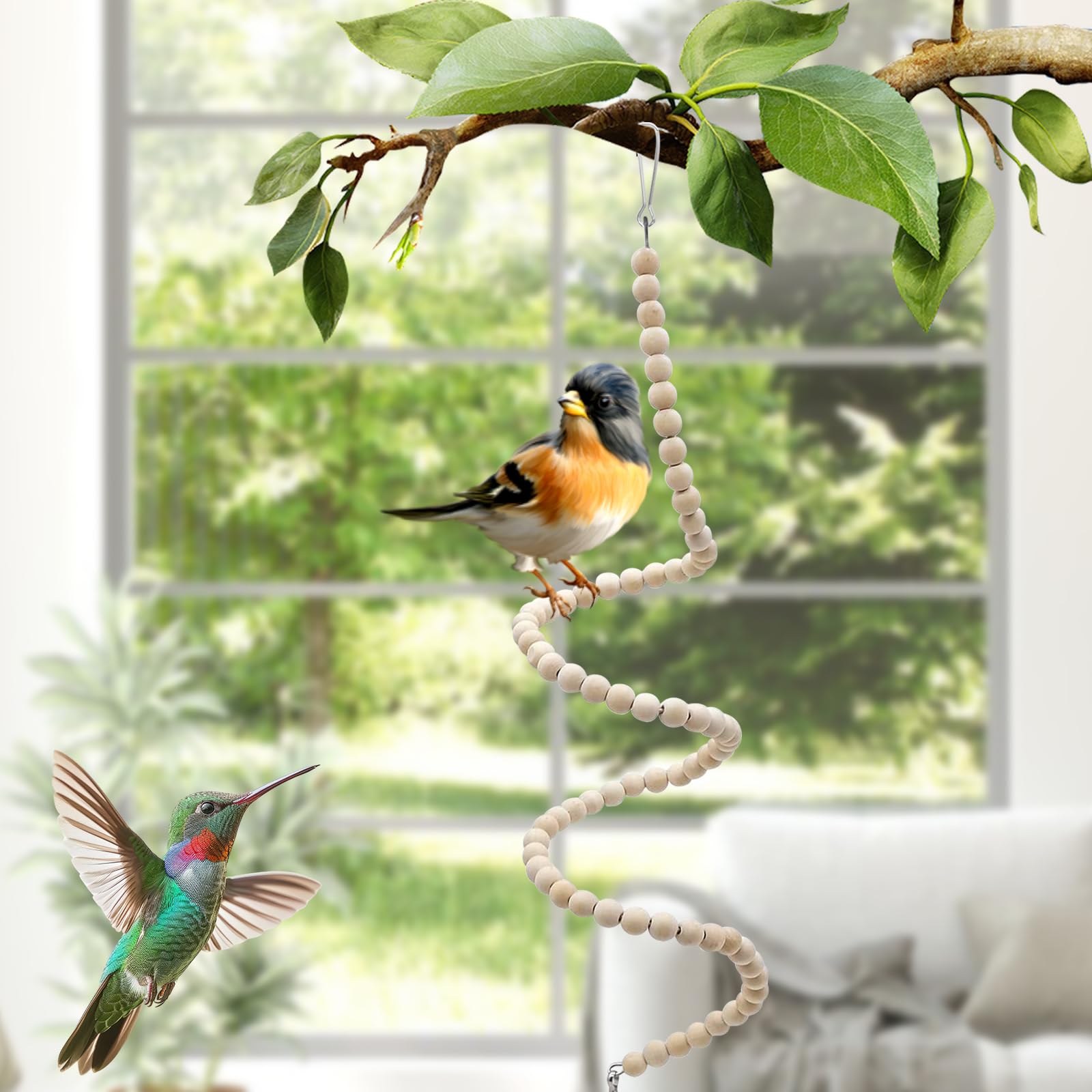 Jouets en Bois pour Perroquets en Coque de Noix de Coco, Lot de 7 Accessoires à Suspendre avec Perchoir, Balançoire et Cloche à Mâcher pour Perruches, Calopsittes et Conures