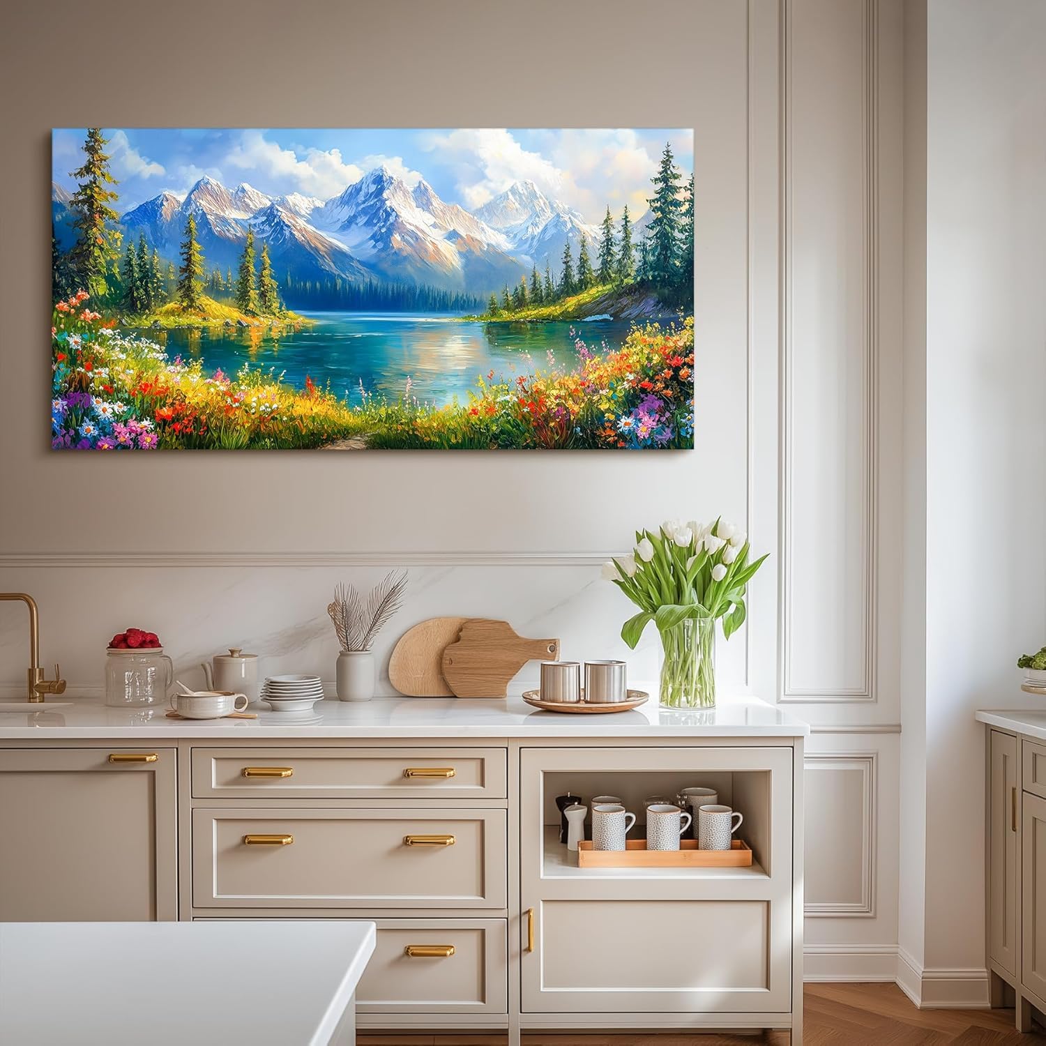 Lake Landscape Wall Art, Wildflower Snow Mountain Forest Artwork, Nature Sunny Paintings Prints Living Room Decor (60x120cm/No Frame)