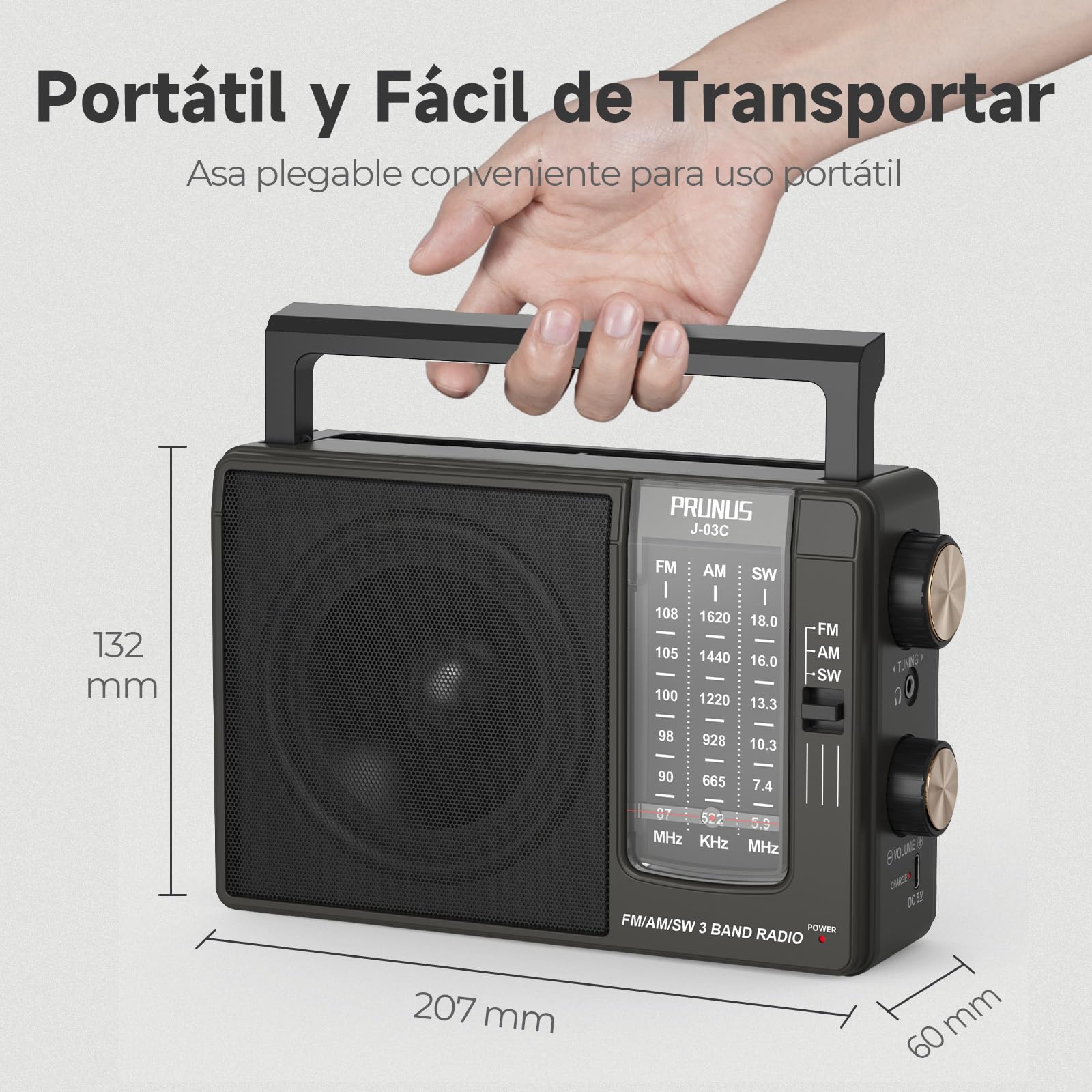 PRUNUS J-03C AM FM SW Radio Portatil Pequeña, Transistores Radios con Excelente Señal, Radio a Pilas o Batería Recargable (USBC), Altavoz Grande, Operación Simple, Fácil de Usar para Personas Mayores.