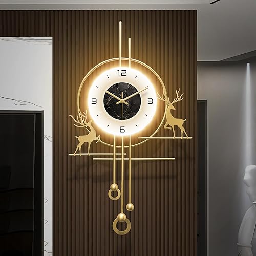 Reloj de pared dorado para sala de estar, reloj de pared decorativo dorado grande con luz, reloj de pared silencioso creativo decorativo para
