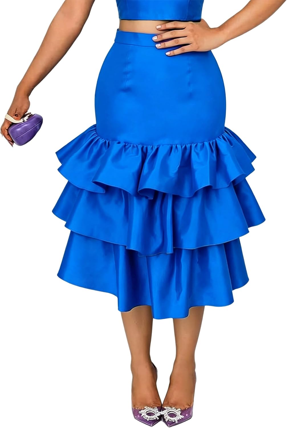 AOMEI Women's Shiny High Waist Bodycon Tiered Ruffles Hem Cake Skirt Party