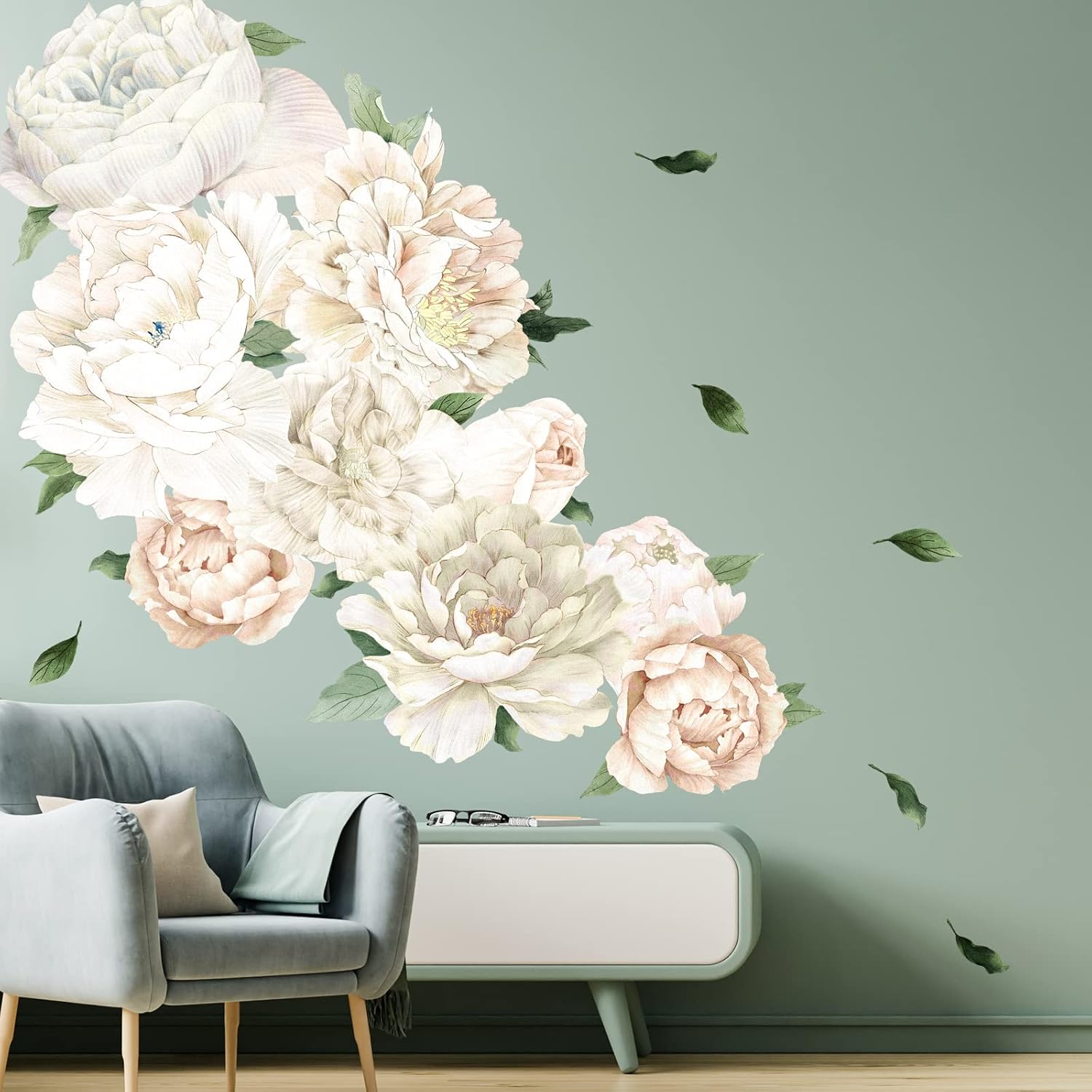 Large White Peony Floral Wall Decals Peel and Stick Vinyl Peony Flower Wall Wtickers Decor for Living Room Bedroom Nursery Kids Room Bathroom
