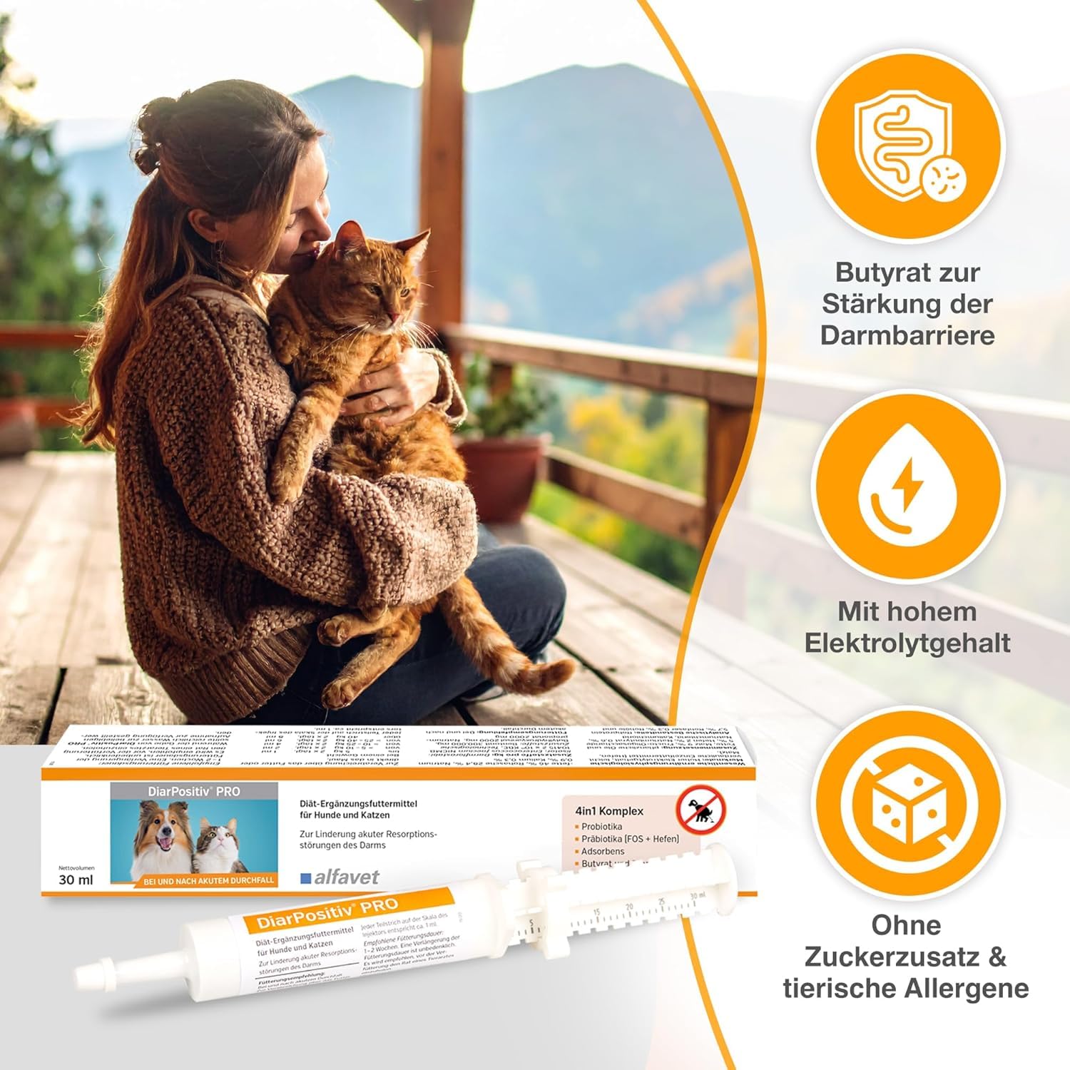 alfavet DiarPositiv Pro, complément Alimentaire diététique, pâte pour Chiens et Chats, soulagement de la diarrhée, injecteur de 30 ML